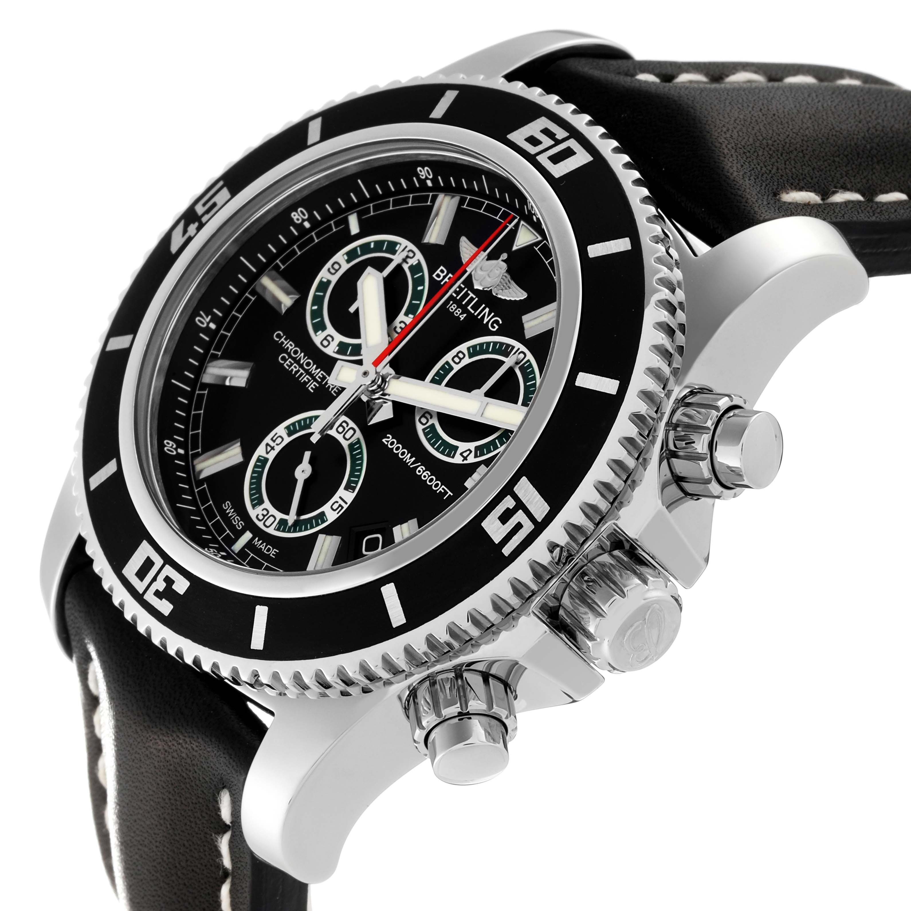 The image shows a Breitling Superocean A73310 Men's Stainless Steel Black Dial A73310 Men's Stainless Steel Black Dial watch from an angled side view, highlighting the bezel, crown, dial, and part of the strap.