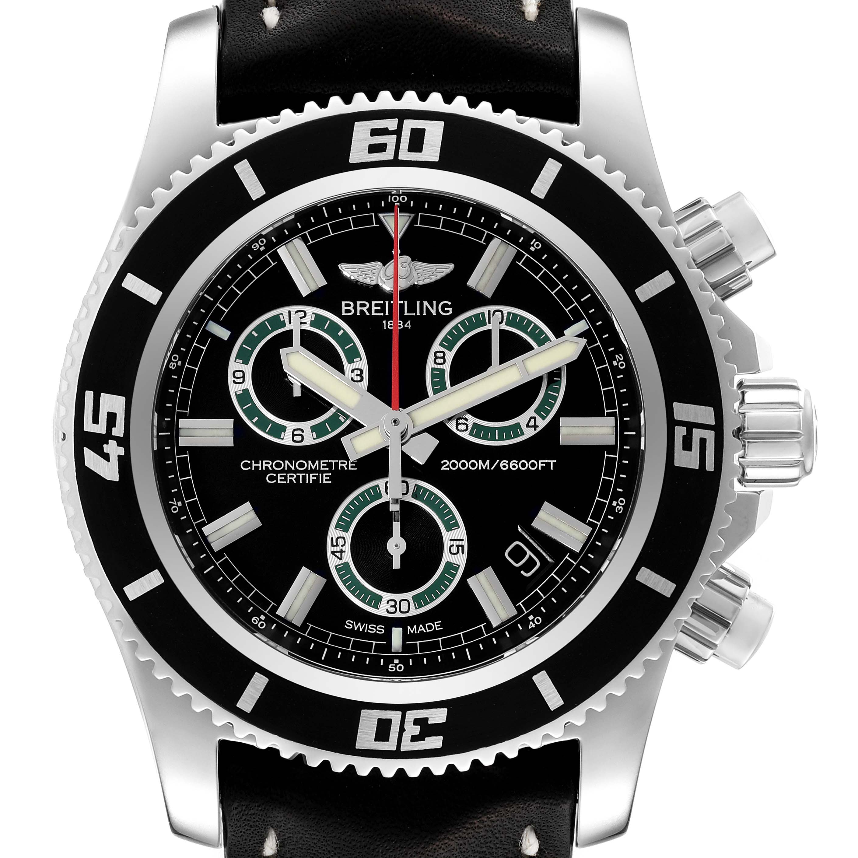 The image shows a close-up of a Breitling Superocean A73310 Men's Stainless Steel Black Dial A73310 Men's Stainless Steel Black Dial watch featuring its black dial, bezel, subdials, and chronograph buttons.