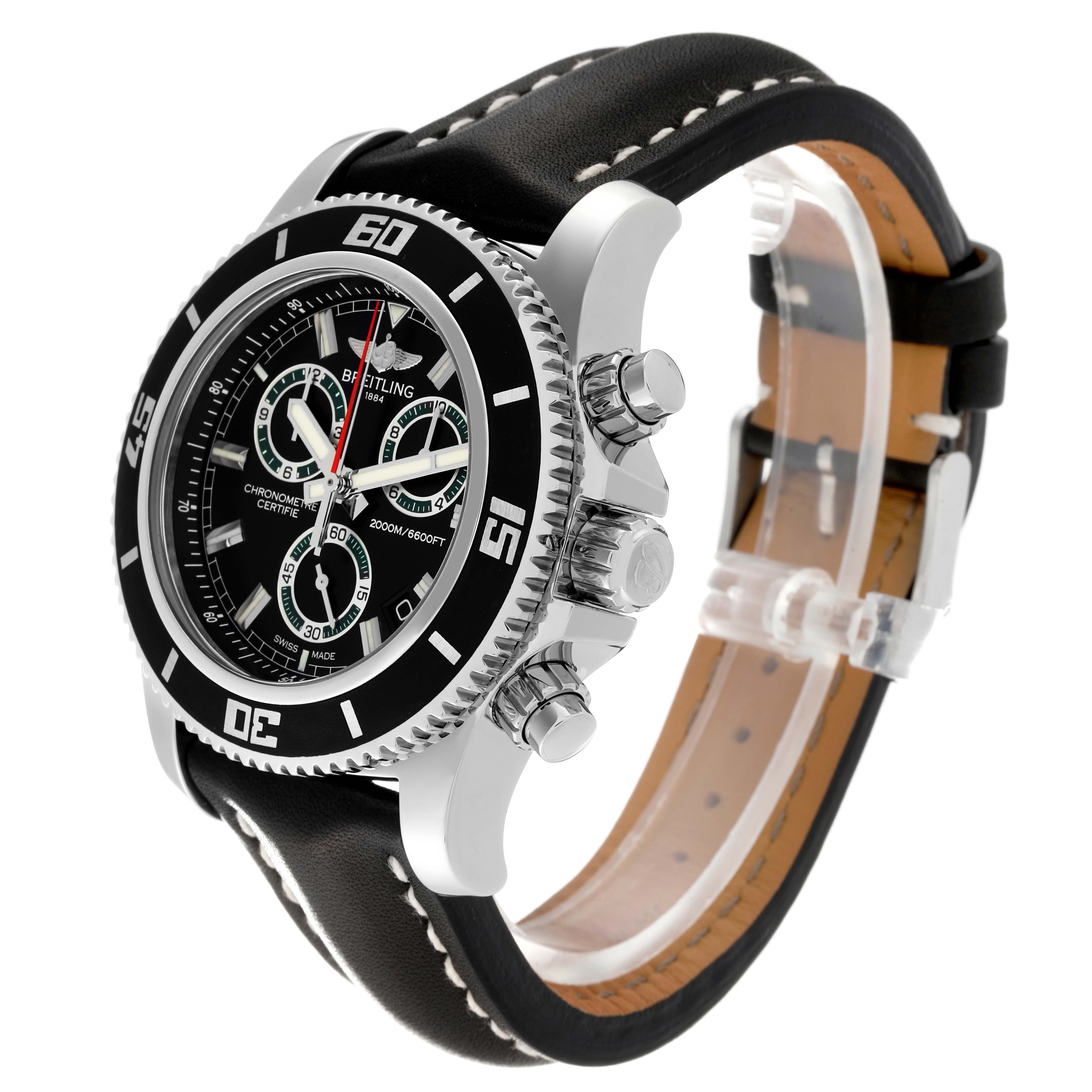 The image shows a side view-angle of a Breitling Superocean A73310 Men's Stainless Steel Black Dial A73310 Men's Stainless Steel Black Dial watch, highlighting the bezel, dial, crown, and leather strap.
