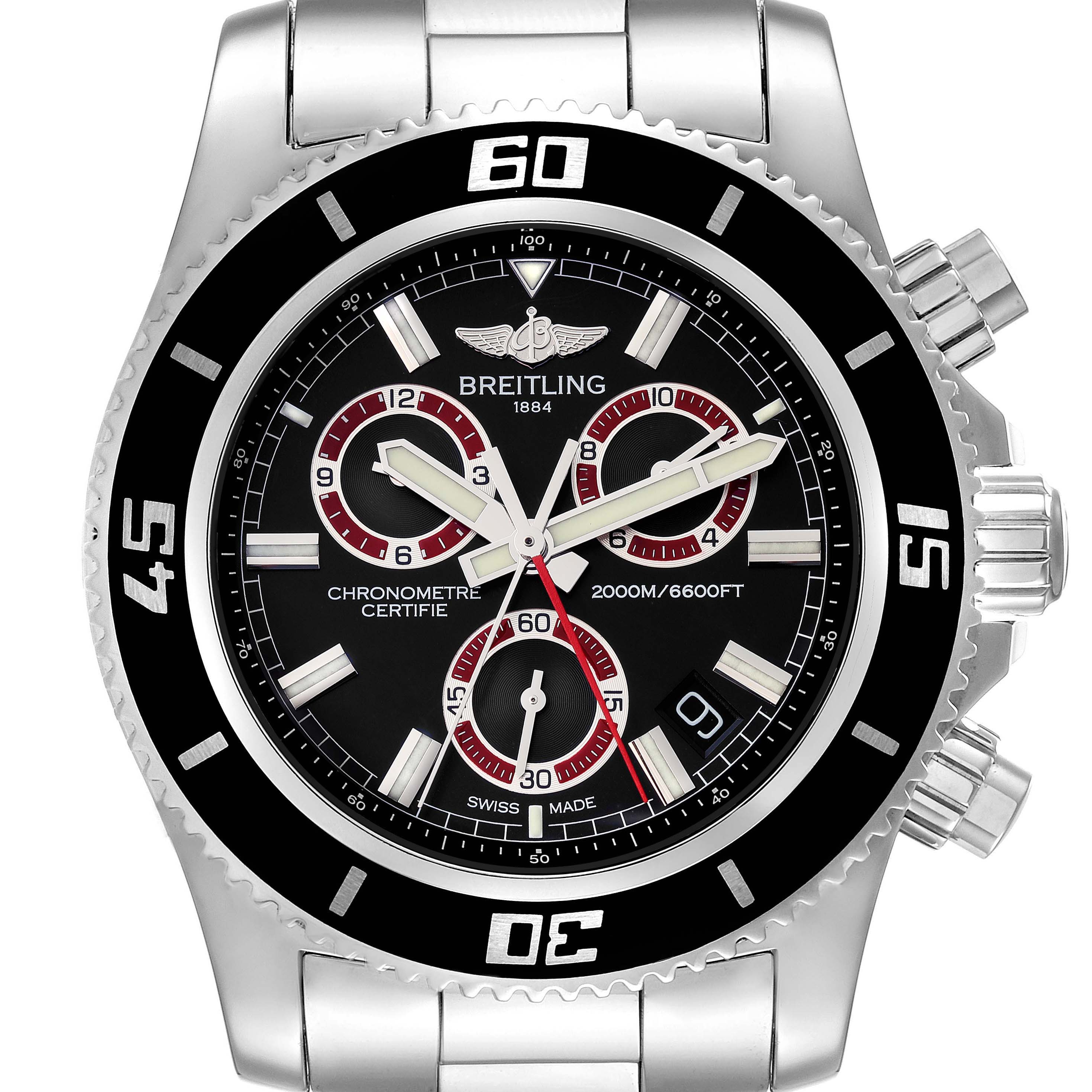 The image shows a Breitling Superocean A73310 Men's Stainless Steel Black Dial A73310 Men's Stainless Steel Black Dial watch from a front angle, highlighting its dial, bezel, and chronograph features.