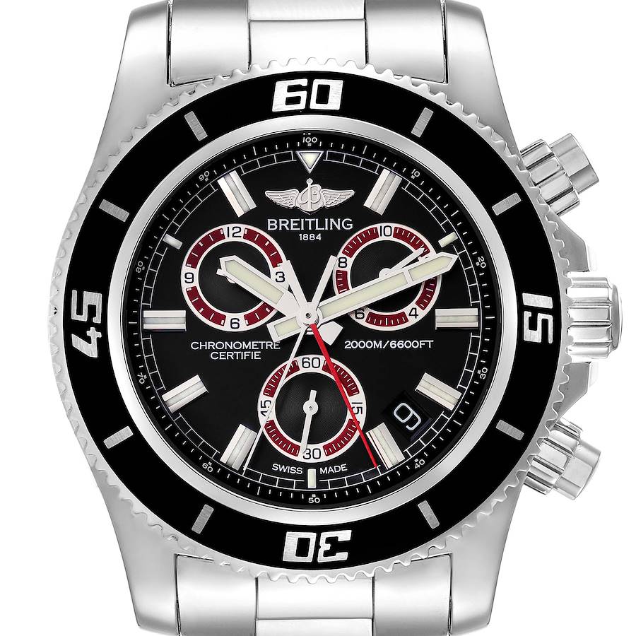 The image shows a Breitling Superocean watch from a front angle, highlighting its dial, bezel, and chronograph features.