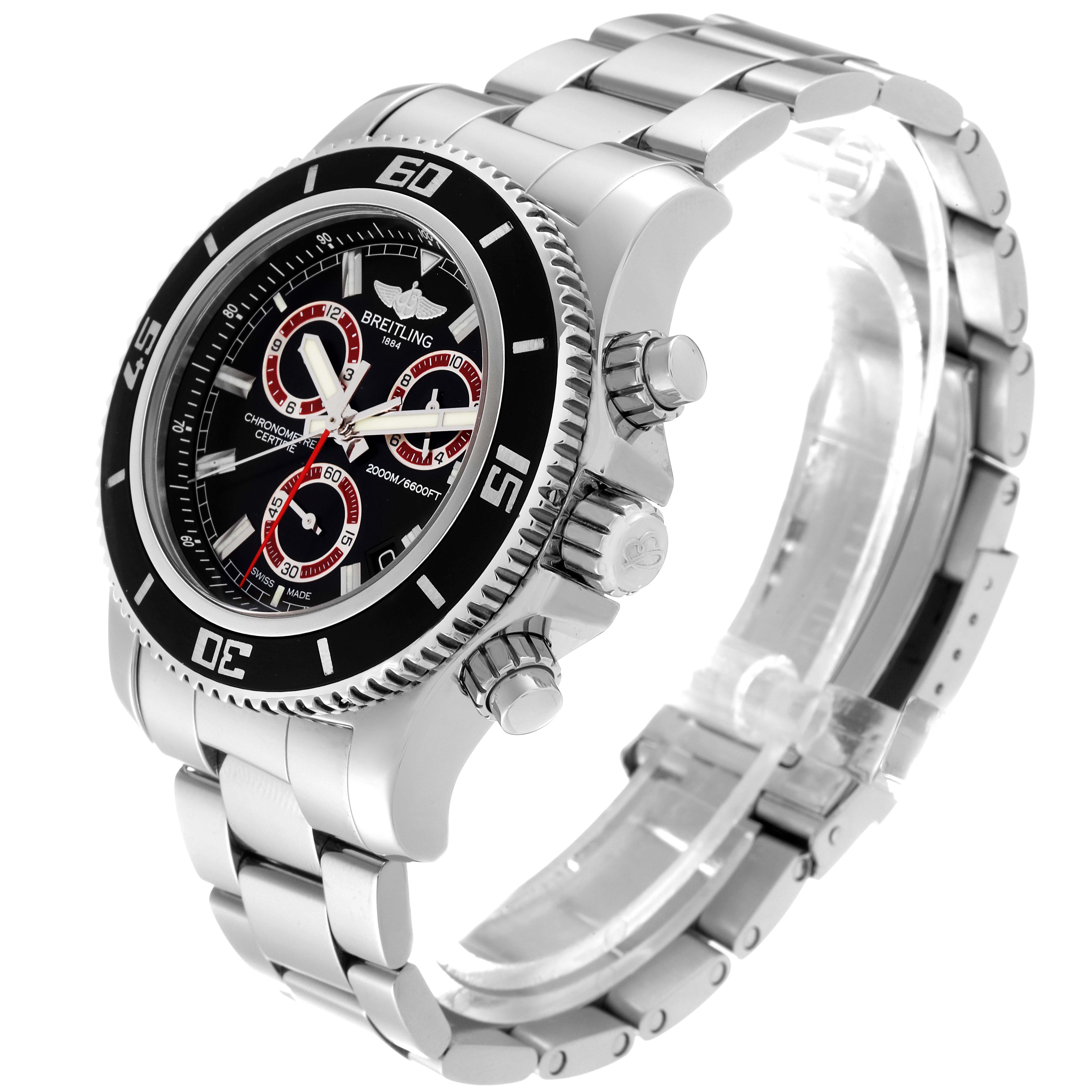 The image shows a Breitling Superocean A73310 Men's Stainless Steel Black Dial A73310 Men's Stainless Steel Black Dial watch at a 3/4 angle, detailing its bezel, face, crown, and stainless steel bracelet.