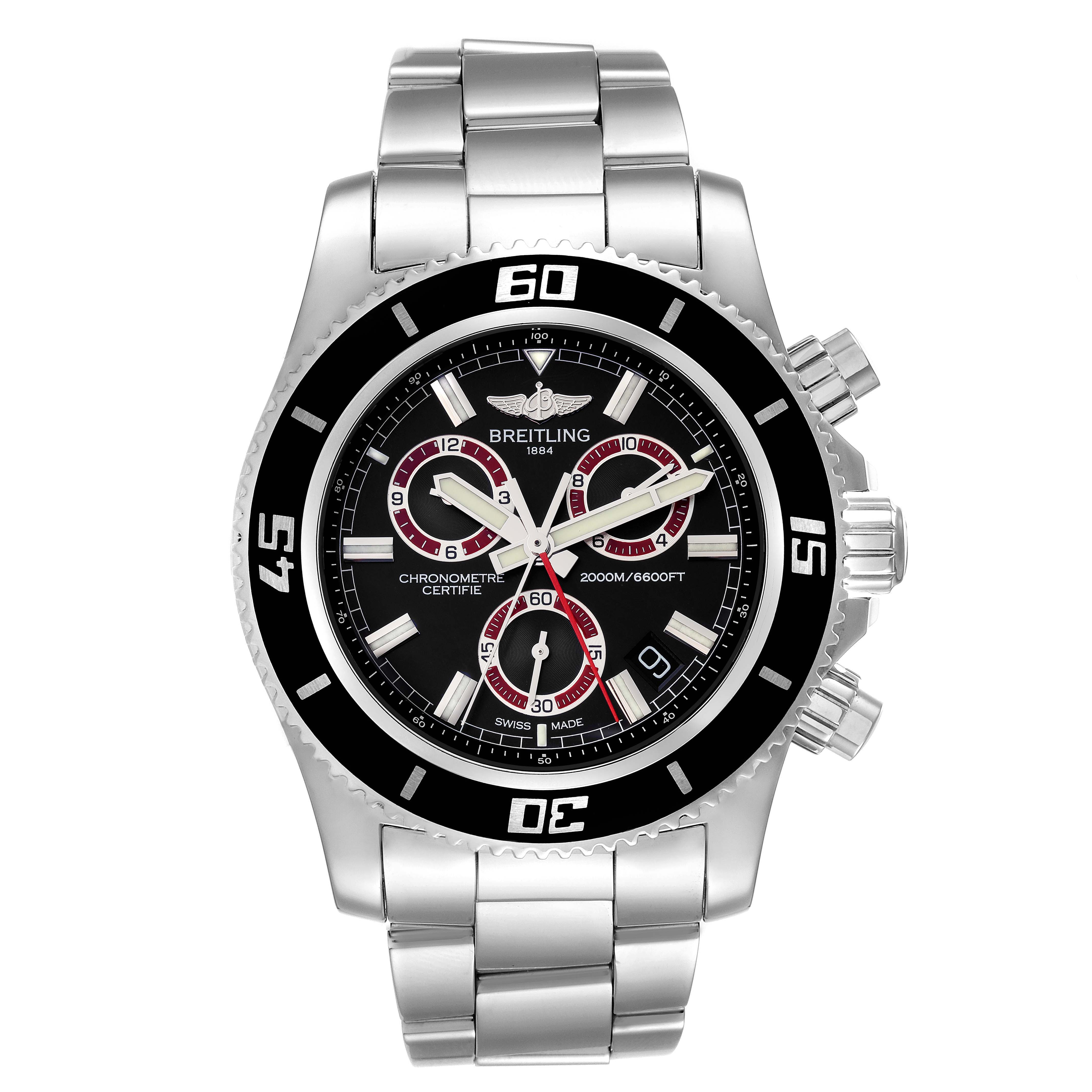 The image shows a front view of a Breitling Superocean A73310 Men's Stainless Steel Black Dial A73310 Men's Stainless Steel Black Dial watch featuring a stainless steel bracelet and black dial with chronograph subdials.