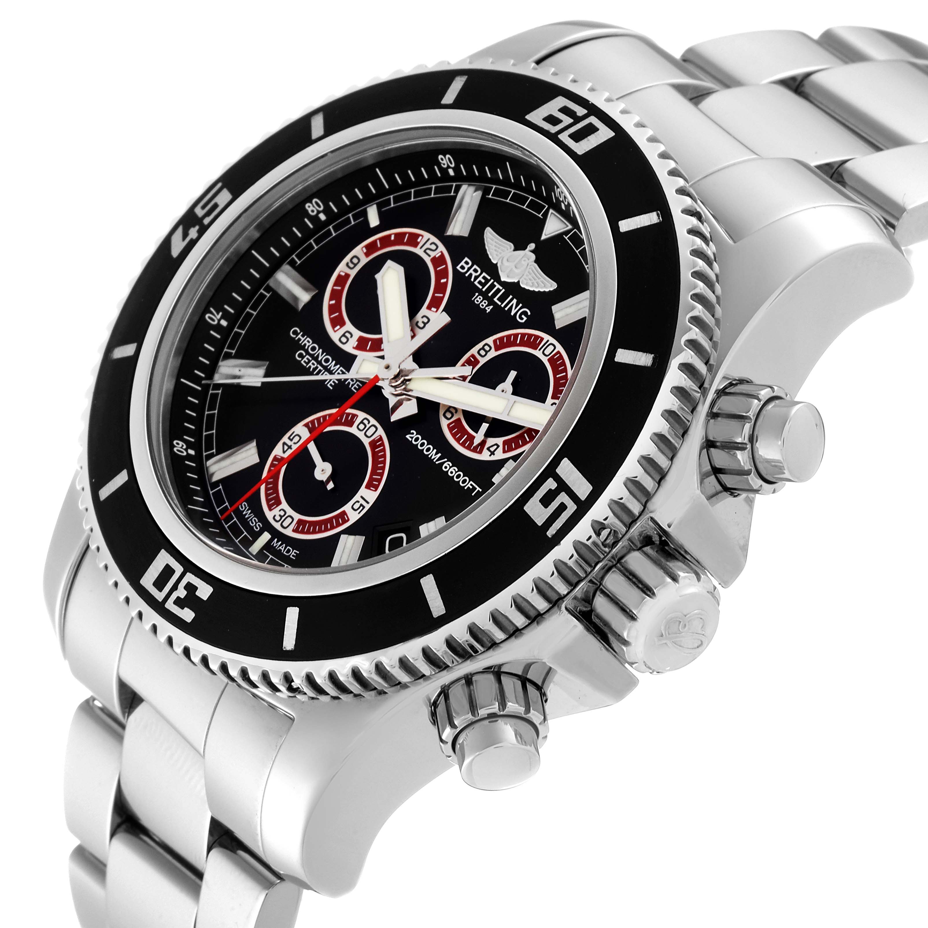 The image shows a Breitling Superocean A73310 Men's Stainless Steel Black Dial A73310 Men's Stainless Steel Black Dial watch at an angle, highlighting the bezel, dial, pushers, crown, and part of its bracelet.