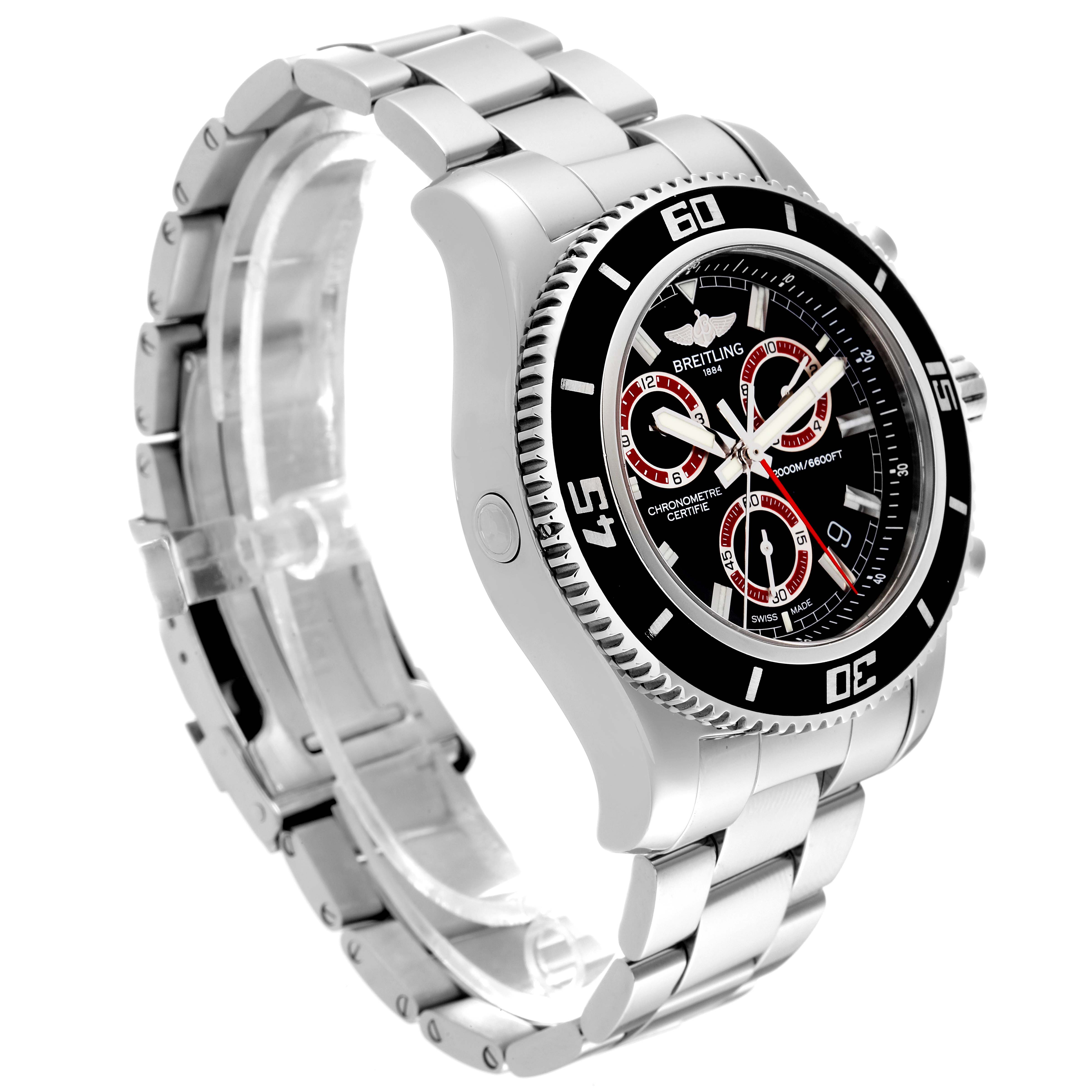 The image shows a Breitling Superocean A73310 Men's Stainless Steel Black Dial A73310 Men's Stainless Steel Black Dial watch at a three-quarter angle, highlighting its face, bezel, and stainless steel bracelet.