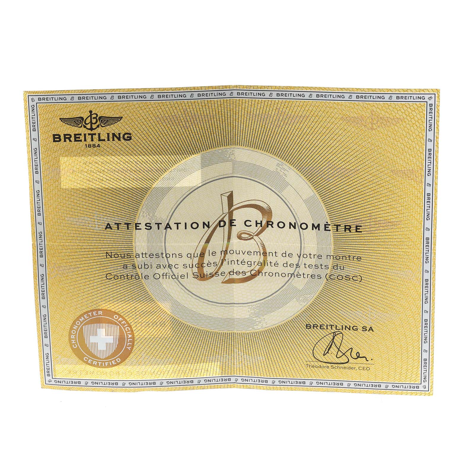 This image shows a Breitling Superocean A73310 Men's Stainless Steel Black Dial A73310 Men's Stainless Steel Black Dial chronometer certification document.