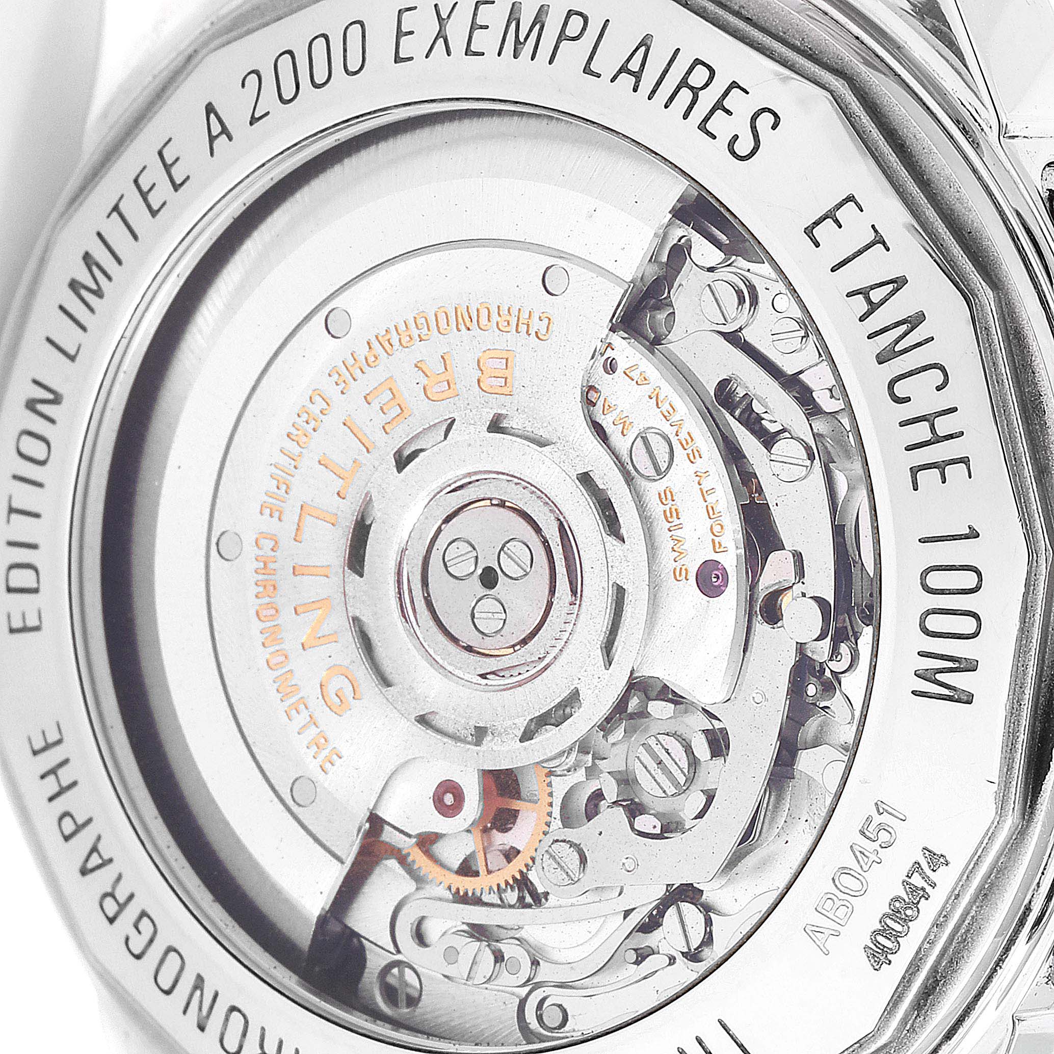 This image shows the back of the Breitling Transocean AB0451 Men
s Stainless Steel Black Dial AB0451 Men
s Stainless Steel Black Dial watch, highlighting its intricate movement and limited edition details.