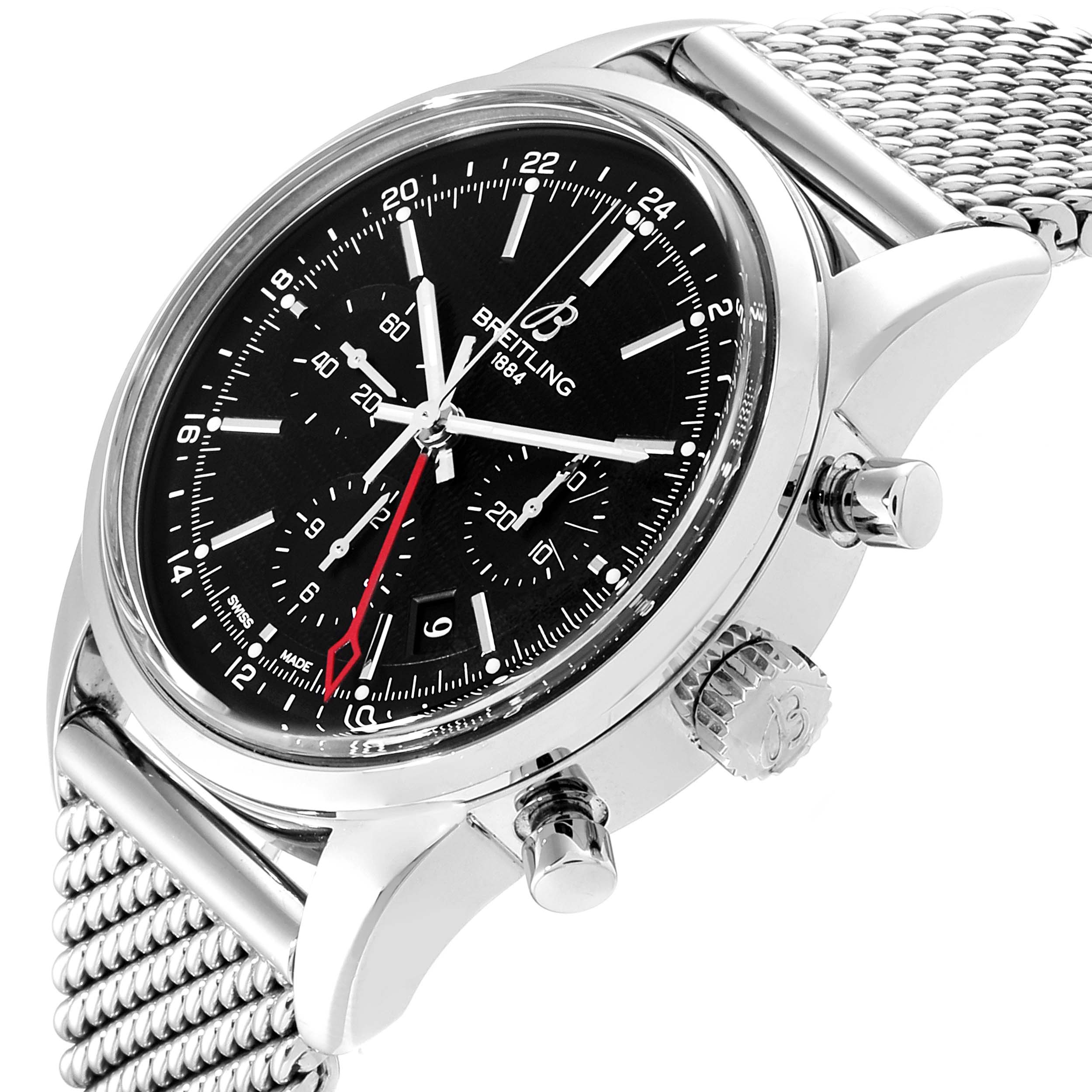 The Breitling Transocean AB0451 Men
s Stainless Steel Black Dial AB0451 Men
s Stainless Steel Black Dial watch is shown at a slight angle, highlighting the dial, crown, pushers, and part of the mesh bracelet.