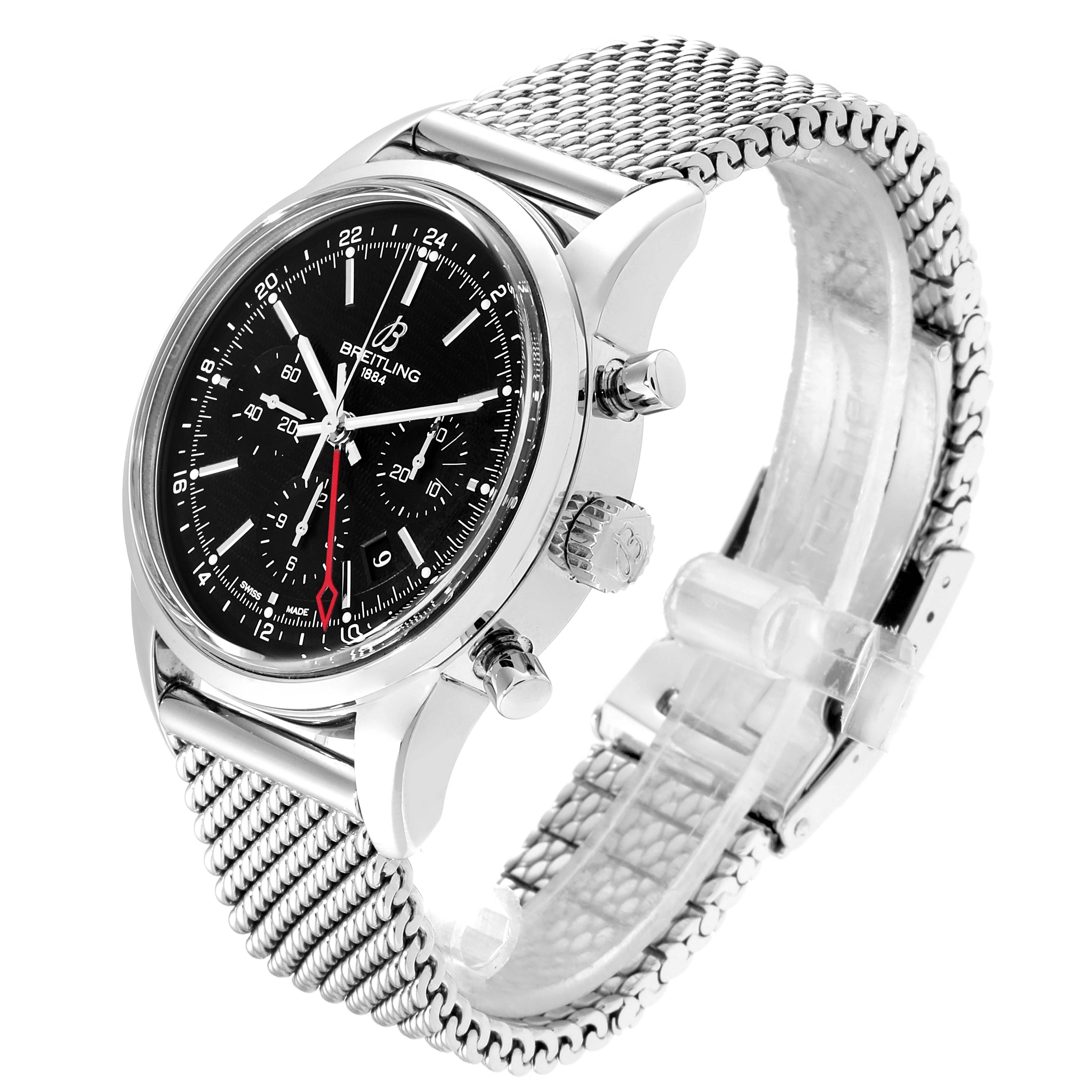 The Breitling Transocean AB0451 Men
s Stainless Steel Black Dial AB0451 Men
s Stainless Steel Black Dial watch is shown at a 3/4 angle, highlighting its black dial, mesh bracelet, and side pushers.