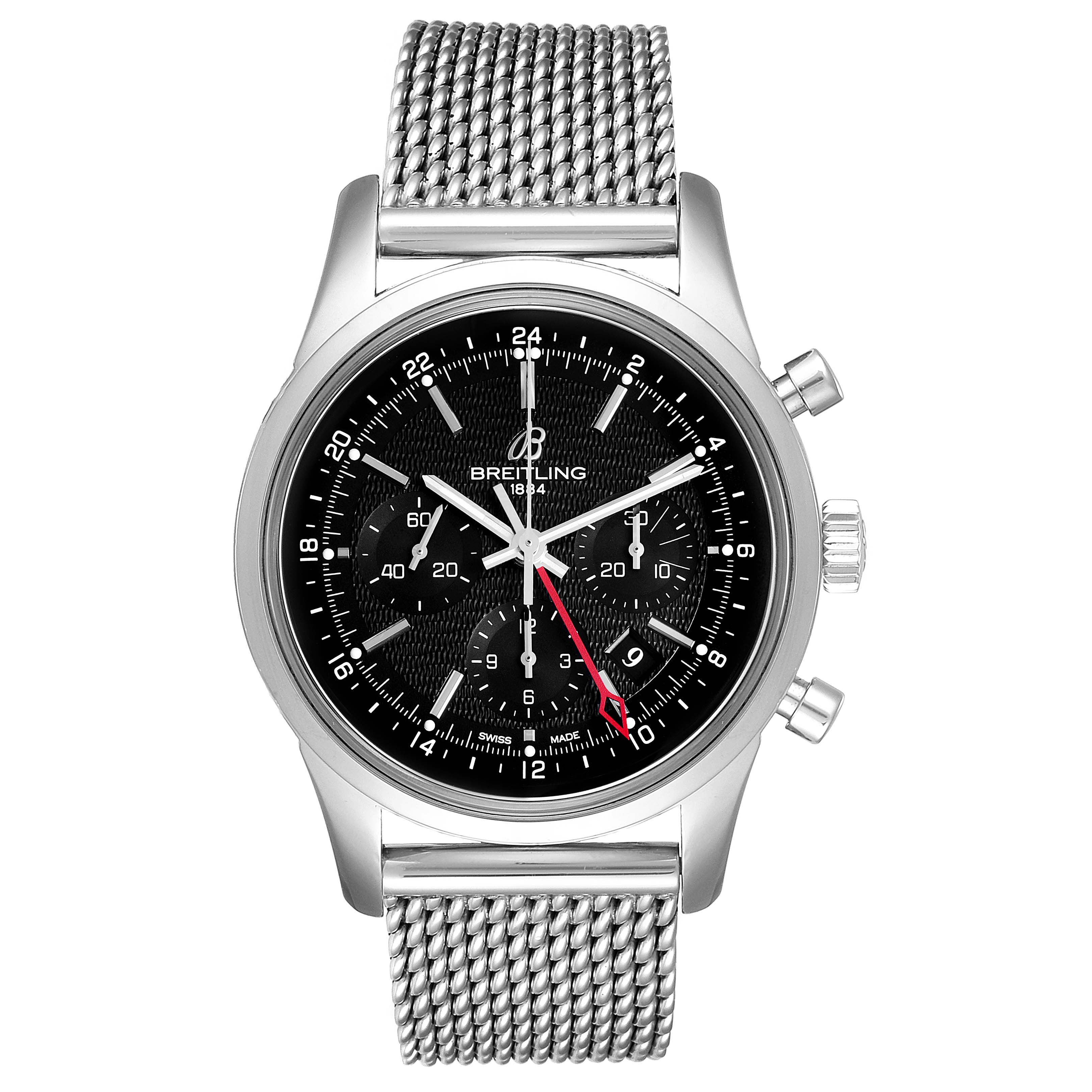The Breitling Transocean AB0451 Men
s Stainless Steel Black Dial AB0451 Men
s Stainless Steel Black Dial watch is shown from a front view, highlighting the mesh bracelet, black analog dial, and chronograph buttons.