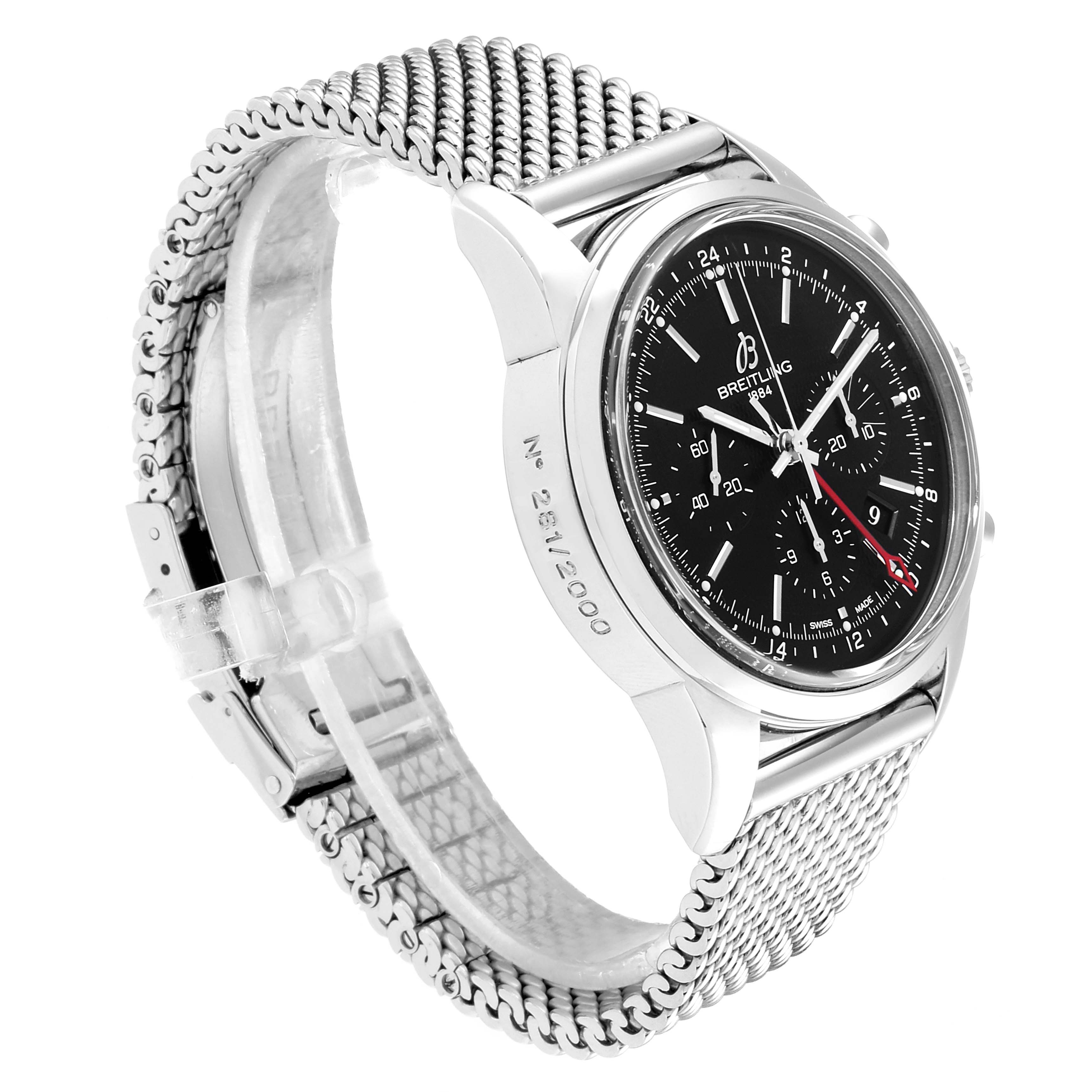 The image shows a side angle of the Breitling Transocean AB0451 Men
s Stainless Steel Black Dial AB0451 Men
s Stainless Steel Black Dial watch, highlighting its metal mesh band and black dial with chronograph features.
