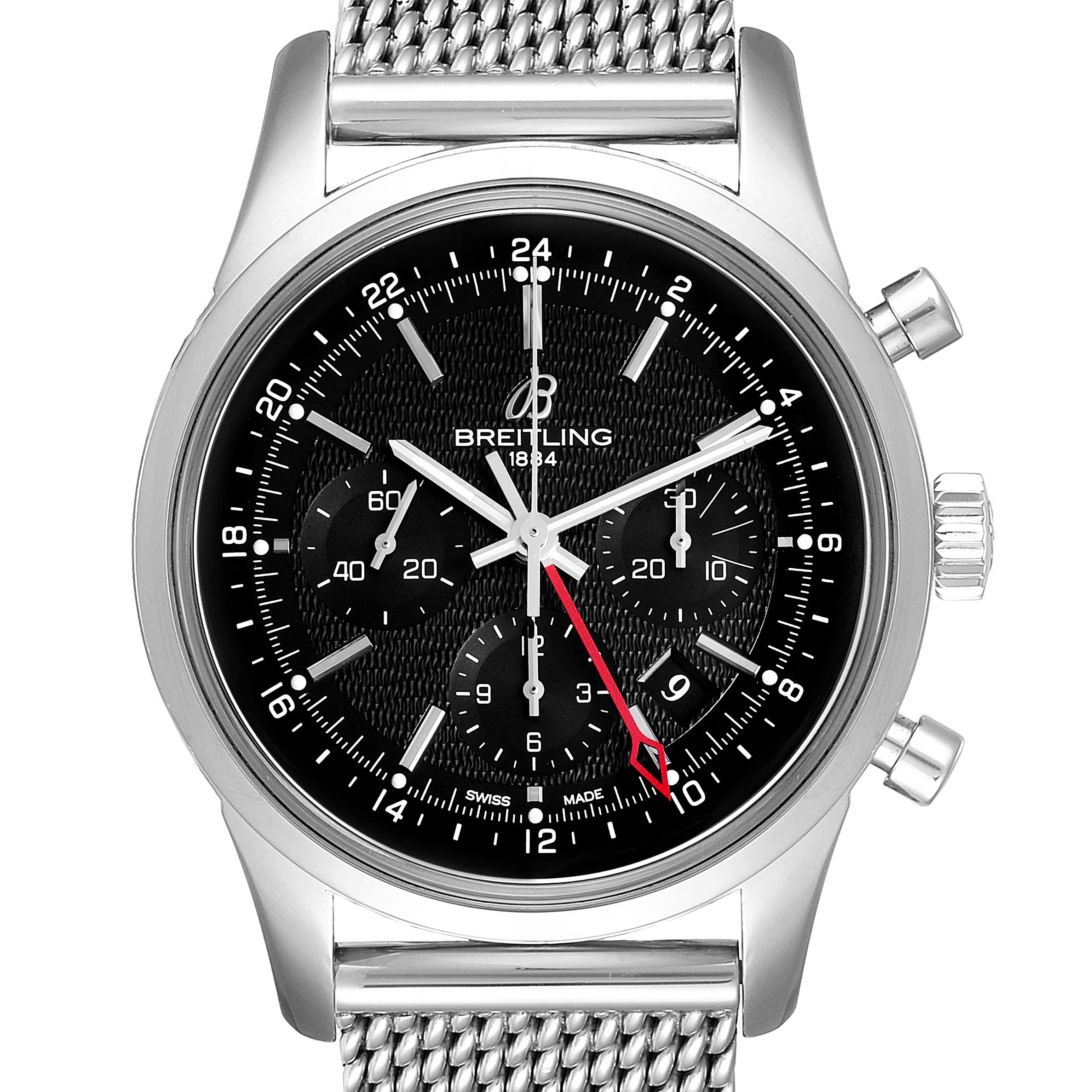 This image shows a front view of the Breitling Transocean AB0451 Men
s Stainless Steel Black Dial AB0451 Men
s Stainless Steel Black Dial watch, highlighting the dial, chronograph subdials, and mesh bracelet.