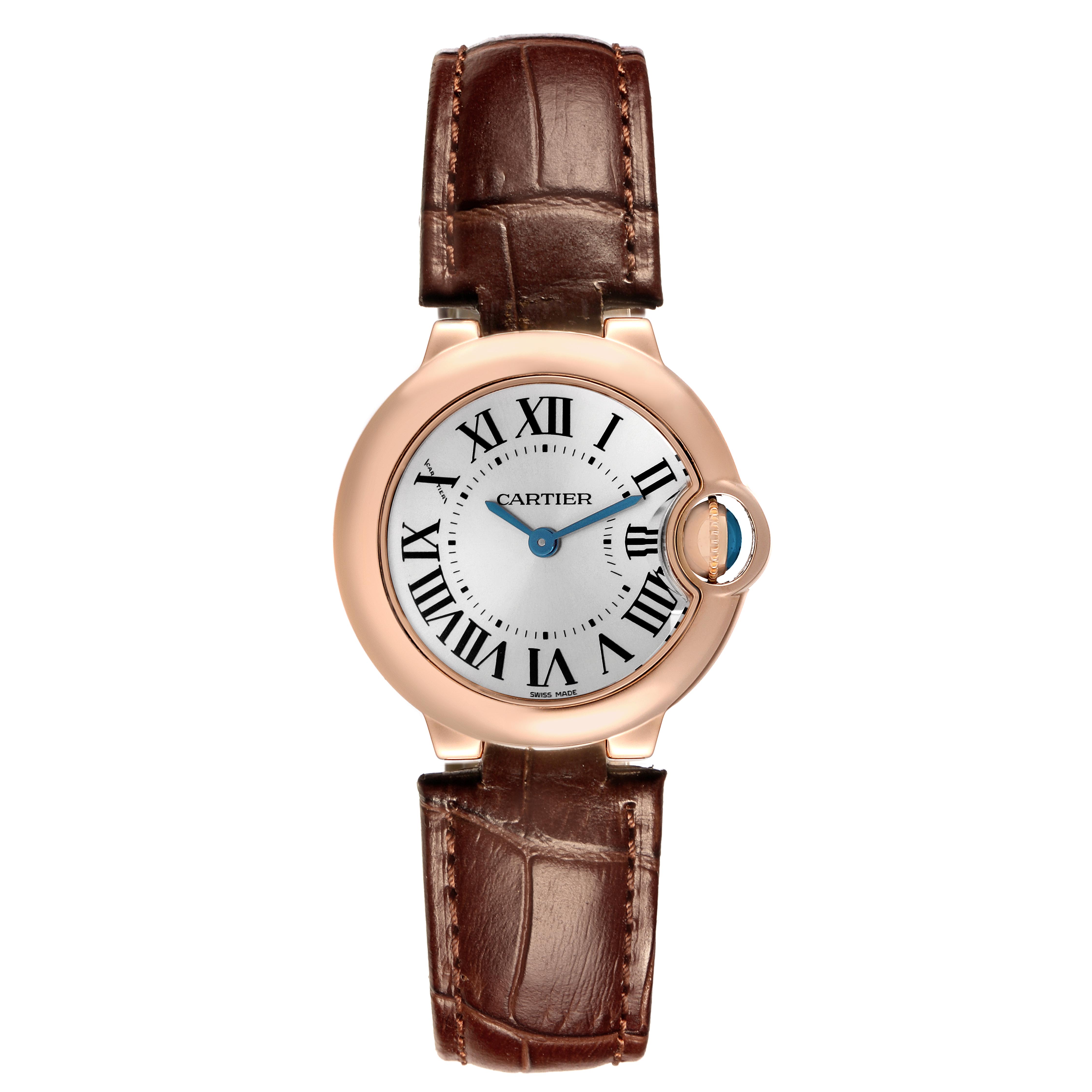 The image shows a top-down view of the Cartier Ballon Bleu W6900256 Women
s Rose Gold Silver Dial W6900256 Women
s Rose Gold Silver Dial watch, highlighting the round case, Roman numerals, and brown leather strap.