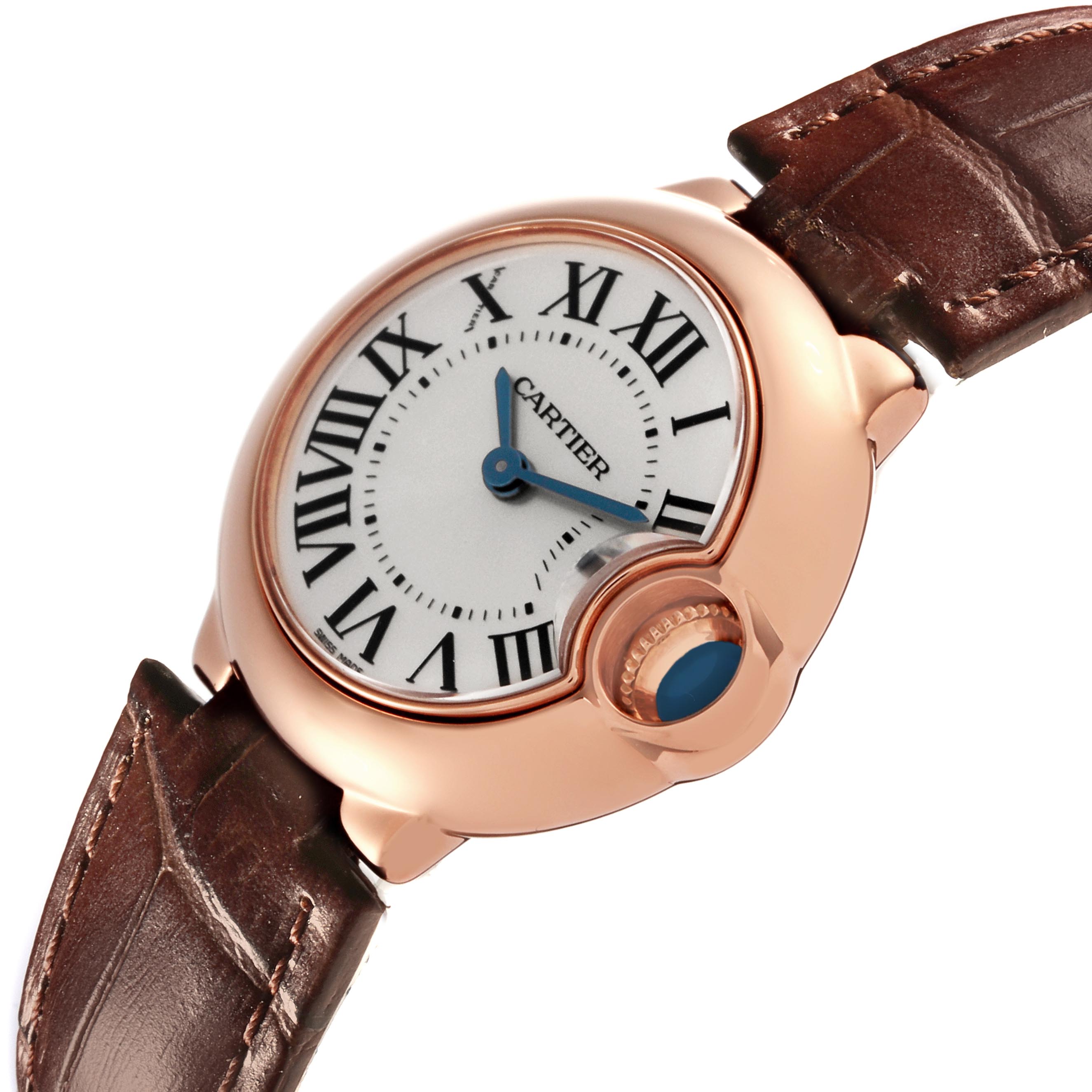 The Cartier Ballon Bleu W6900256 Women
s Rose Gold Silver Dial W6900256 Women
s Rose Gold Silver Dial watch is shown at an angle highlighting the dial, crown, and brown leather strap.