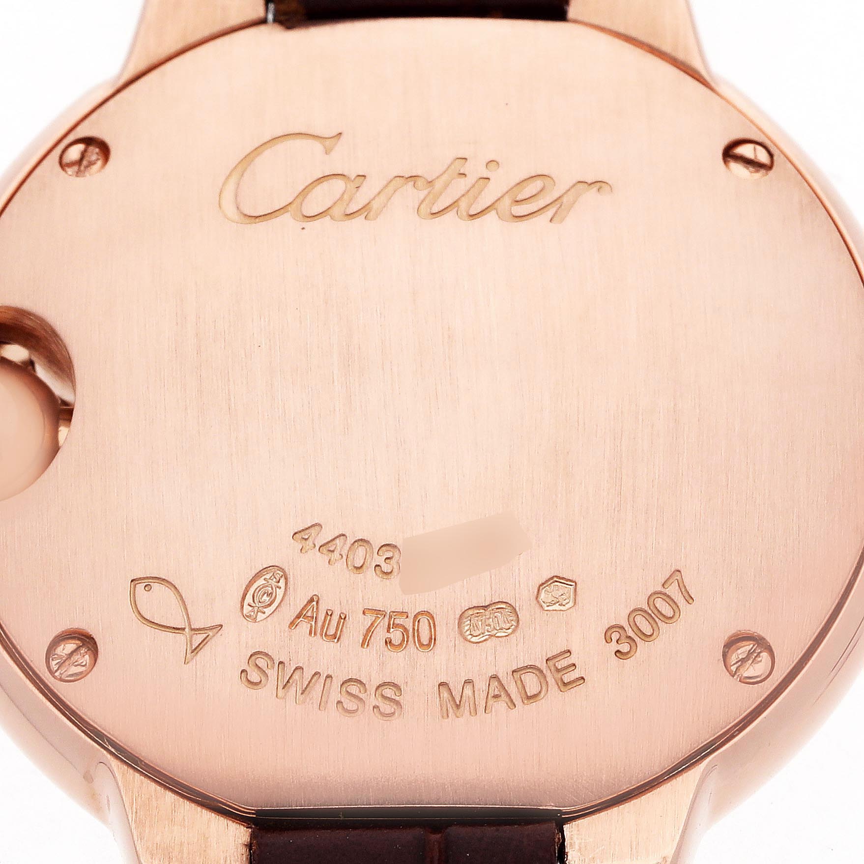 The image shows the back of the Cartier Ballon Bleu W6900256 Women
s Rose Gold Silver Dial W6900256 Women
s Rose Gold Silver Dial watch, highlighting engravings and hallmark details.