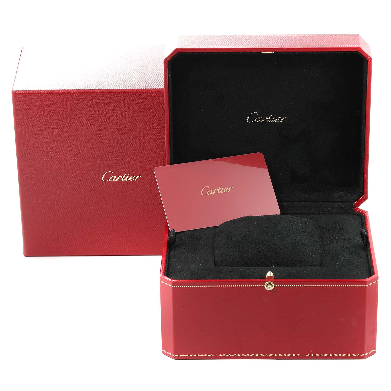 The image shows a Cartier Ballon Bleu WE902042 Women
s White Gold Silver Dial WE902042 Women
s White Gold Silver Dial watch box and certificate card in an open and angled view.