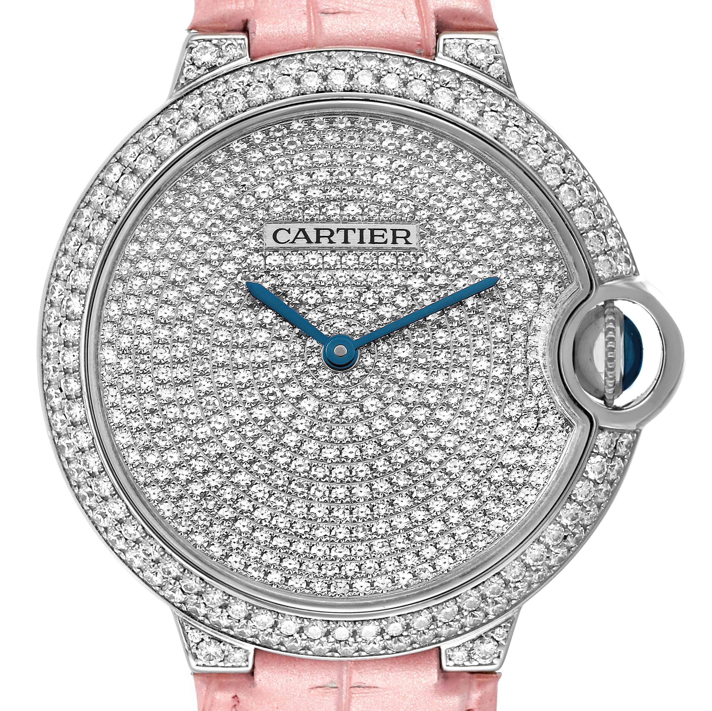 The Cartier Ballon Bleu WE902042 Women
s White Gold Silver Dial WE902042 Women
s White Gold Silver Dial watch is shown from a frontal angle, featuring a diamond-encrusted face and a pink strap.