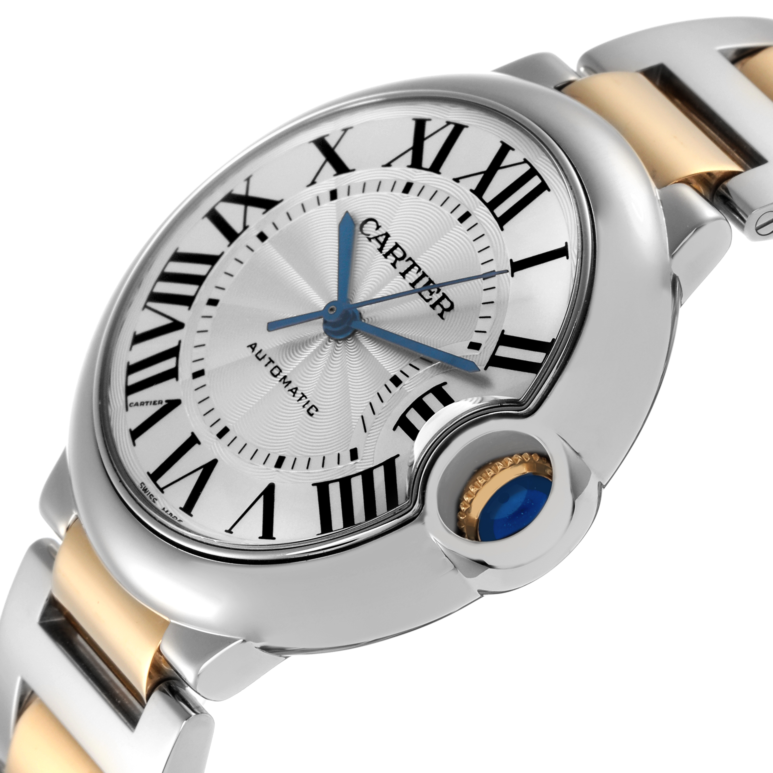 The image shows a tilted view of the Cartier Ballon Bleu W2BB0012 Women's Steel and Gold (two tone) Silver Dial W2BB0012 Women's Steel and Gold (two tone) Silver Dial watch, highlighting the Roman numeral dial, blue hands, and sapphire crown.