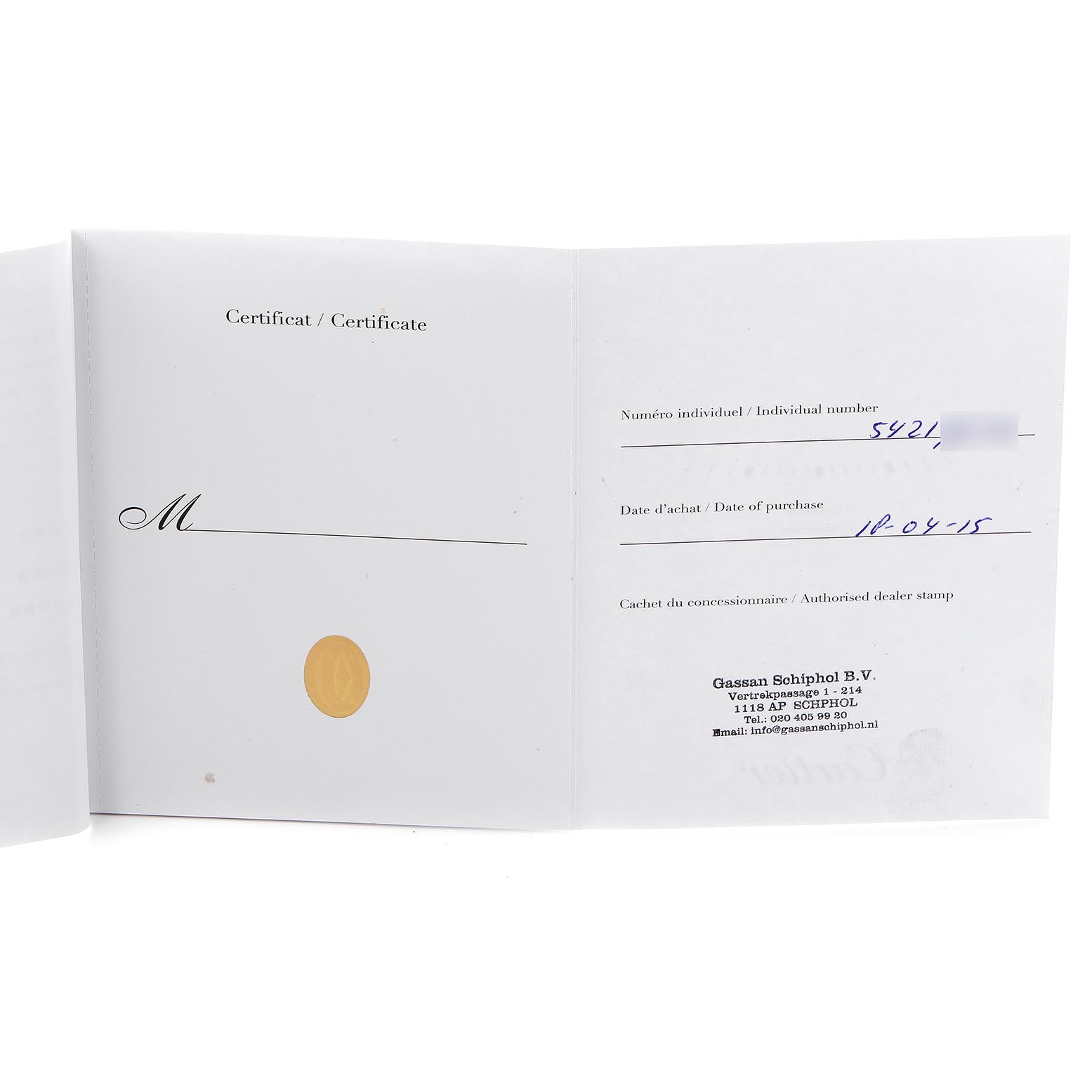 The image shows the warranty certificate for a Cartier Ballon Bleu W2BB0012 Women's Steel and Gold (two tone) Silver Dial W2BB0012 Women's Steel and Gold (two tone) Silver Dial watch, displaying handwritten details and a dealer stamp.