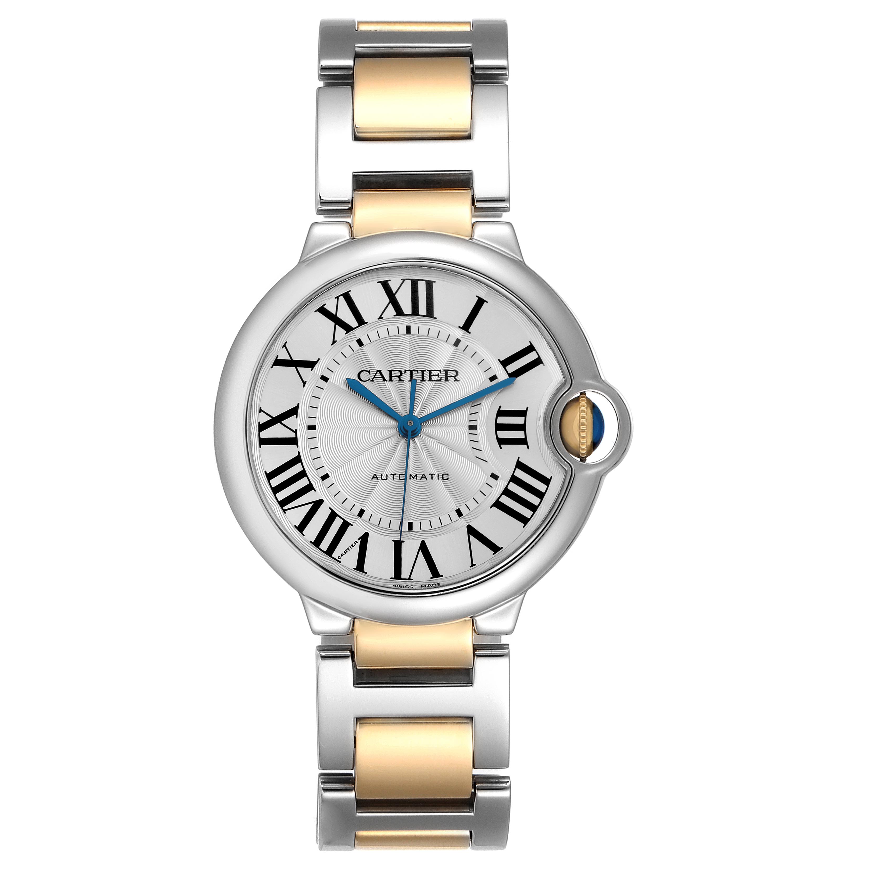 The Cartier Ballon Bleu W2BB0012 Women's Steel and Gold (two tone) Silver Dial W2BB0012 Women's Steel and Gold (two tone) Silver Dial watch is shown from the front, highlighting its dial, Roman numerals, and two-tone bracelet.