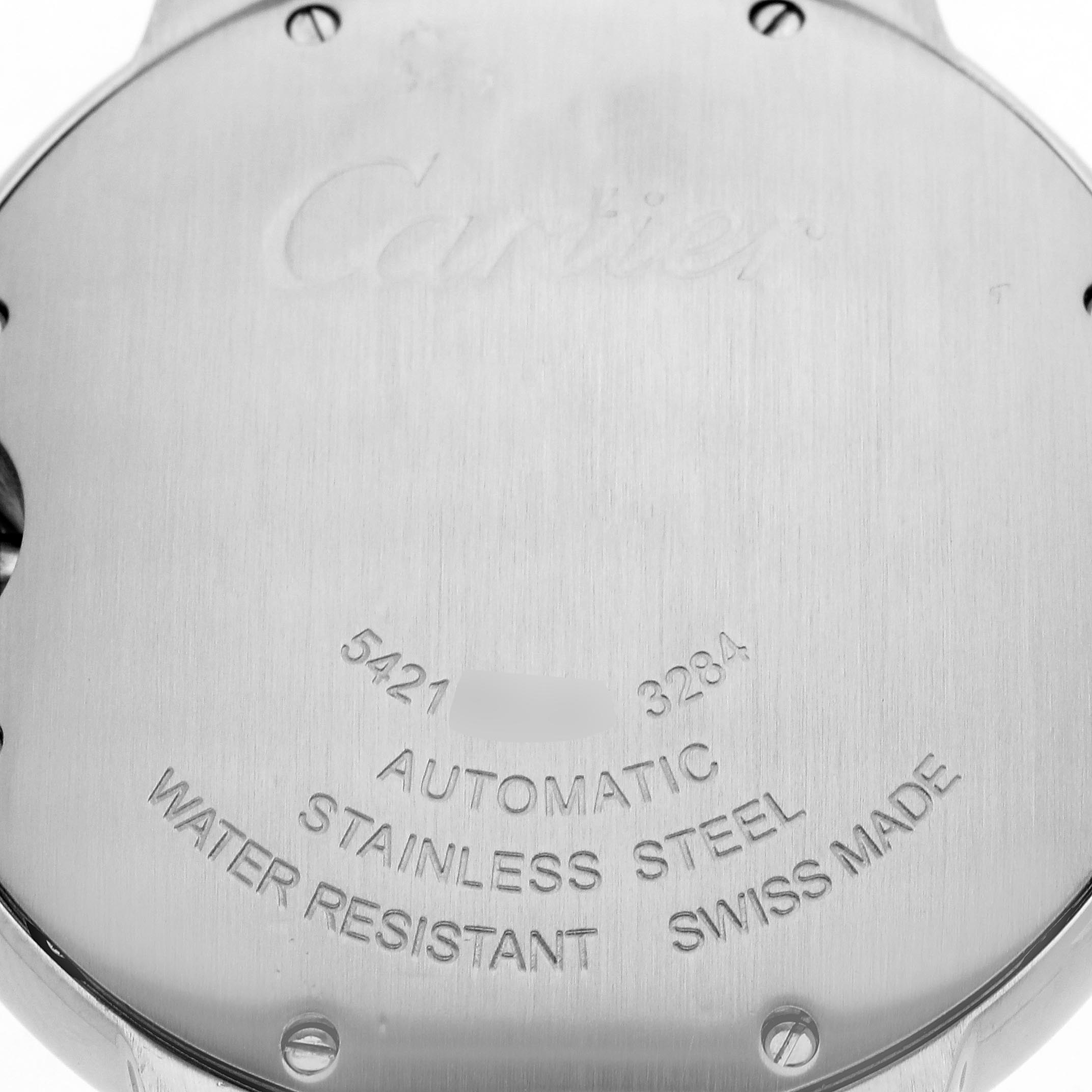 The image shows the back of a Cartier Ballon Bleu W2BB0012 Women's Steel and Gold (two tone) Silver Dial W2BB0012 Women's Steel and Gold (two tone) Silver Dial watch, featuring its stainless steel case and engraved details.