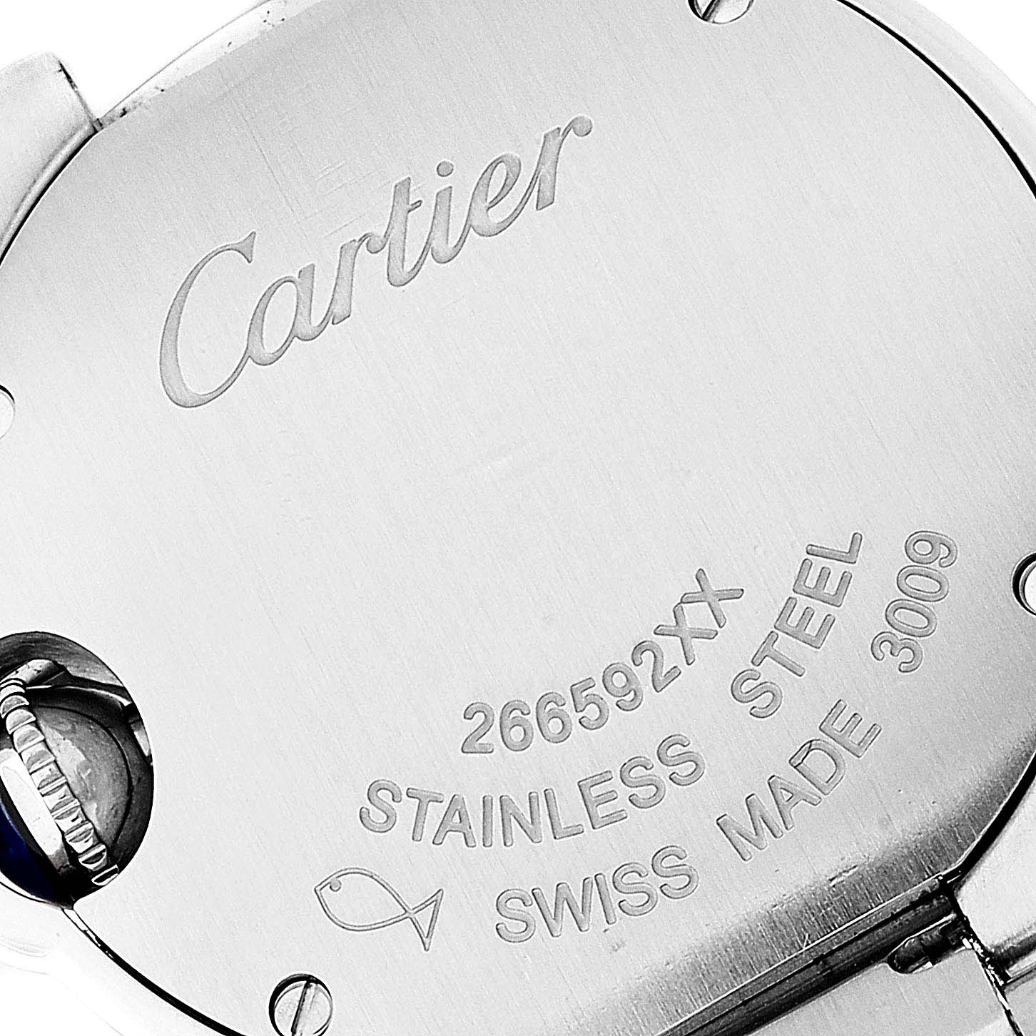 This image shows the back case of a Ballon Bleu by Cartier, featuring the brand name, model number, and material details.