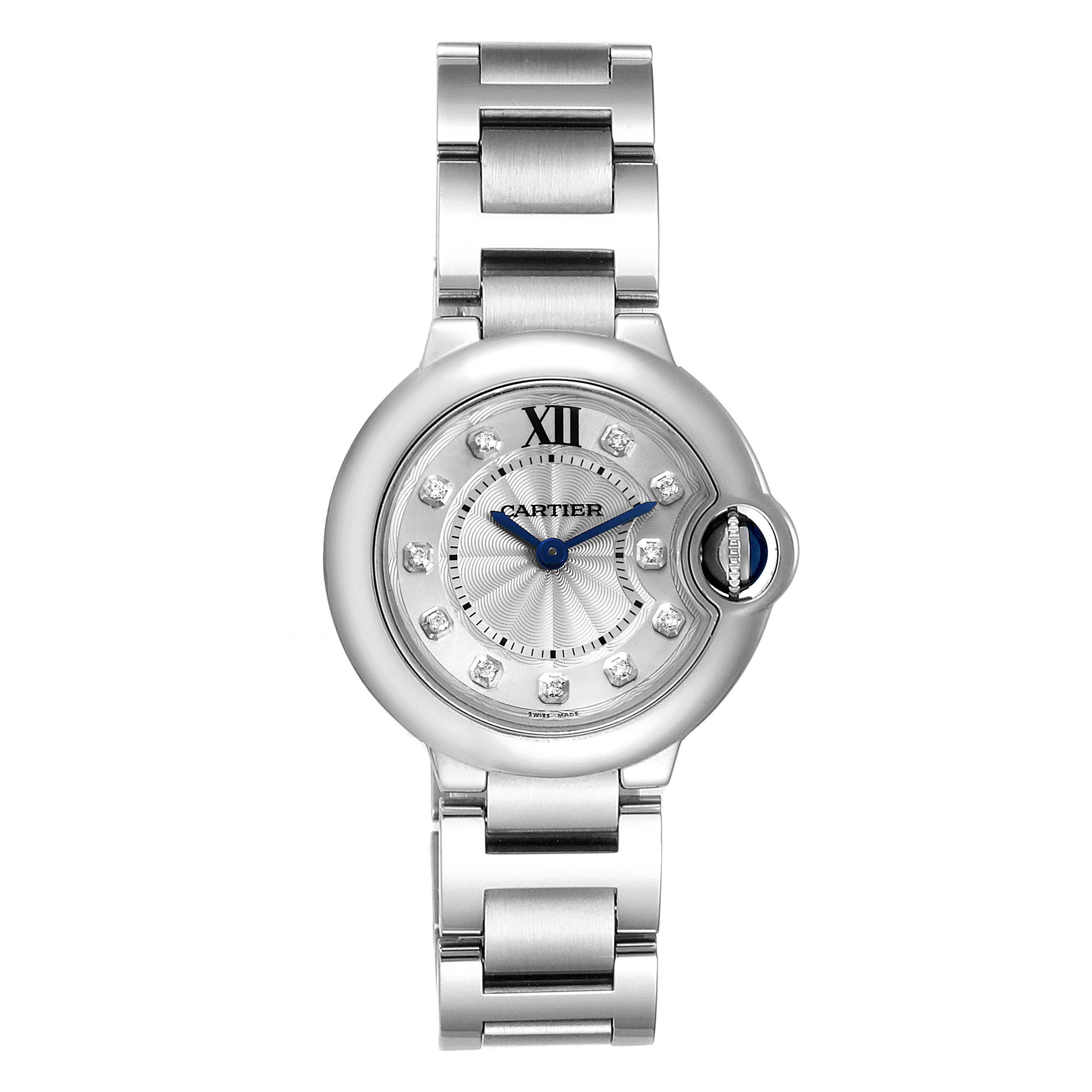 The image shows a front view of the Cartier Ballon Bleu WE902073 Women
s Stainless Steel Silver Dial WE902073 Women
s Stainless Steel Silver Dial watch, highlighting its face, bracelet, and distinctive crown.