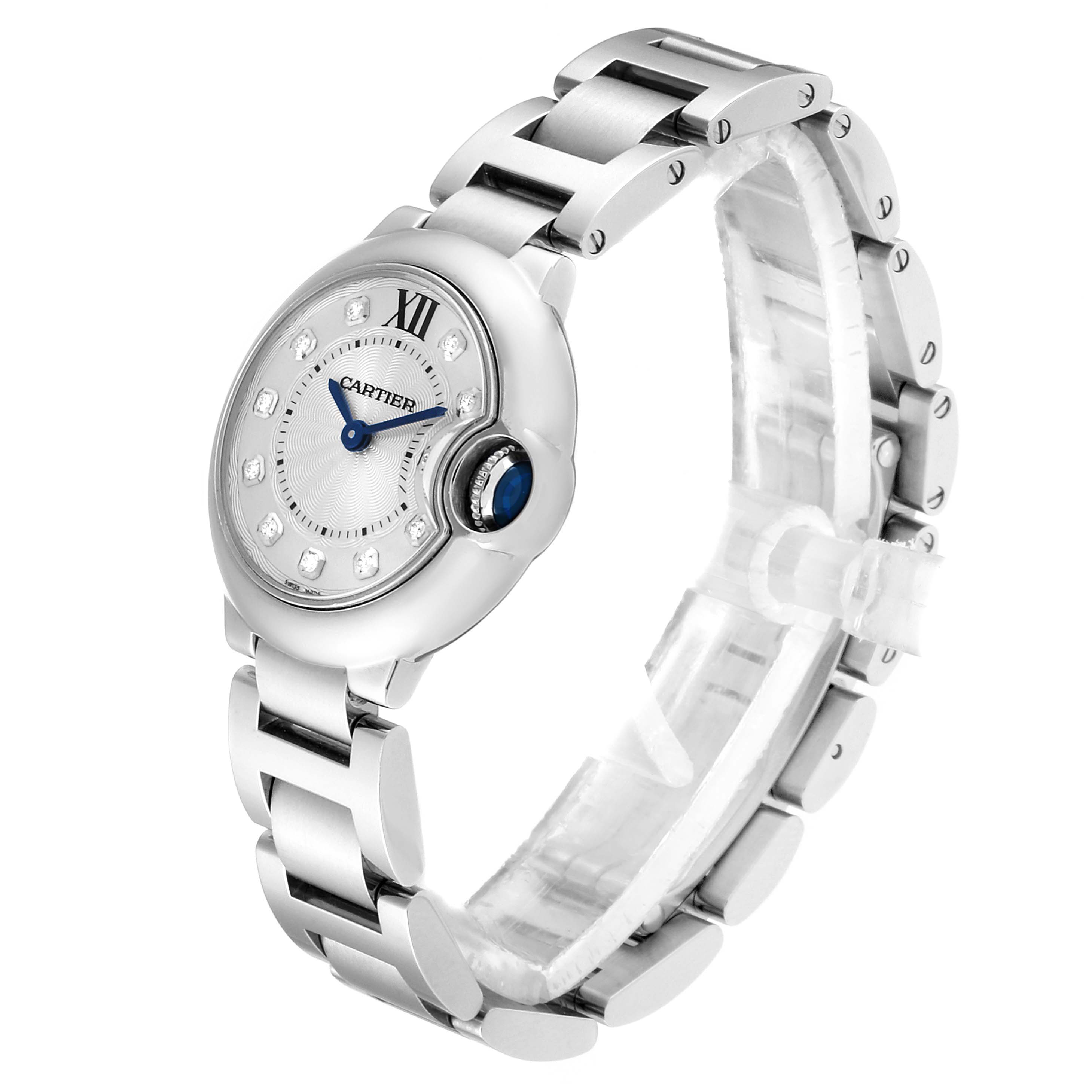 This Cartier Ballon Bleu WE902073 Women
s Stainless Steel Silver Dial WE902073 Women
s Stainless Steel Silver Dial watch is shown at a three-quarter angle displaying its face, bracelet, and sapphire cabochon crown.
