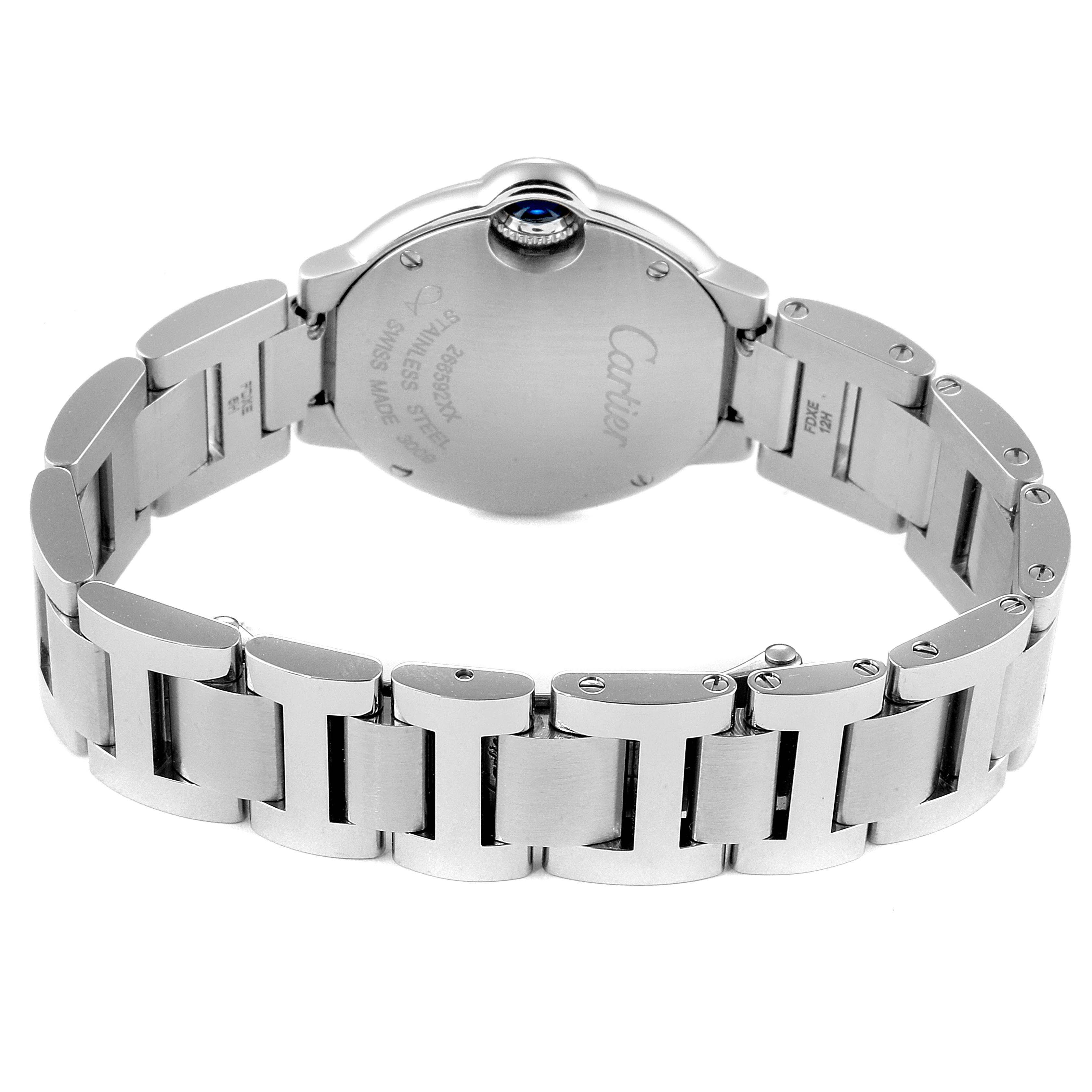 The image shows the back and stainless steel bracelet of a Cartier Ballon Bleu WE902073 Women
s Stainless Steel Silver Dial WE902073 Women
s Stainless Steel Silver Dial watch.