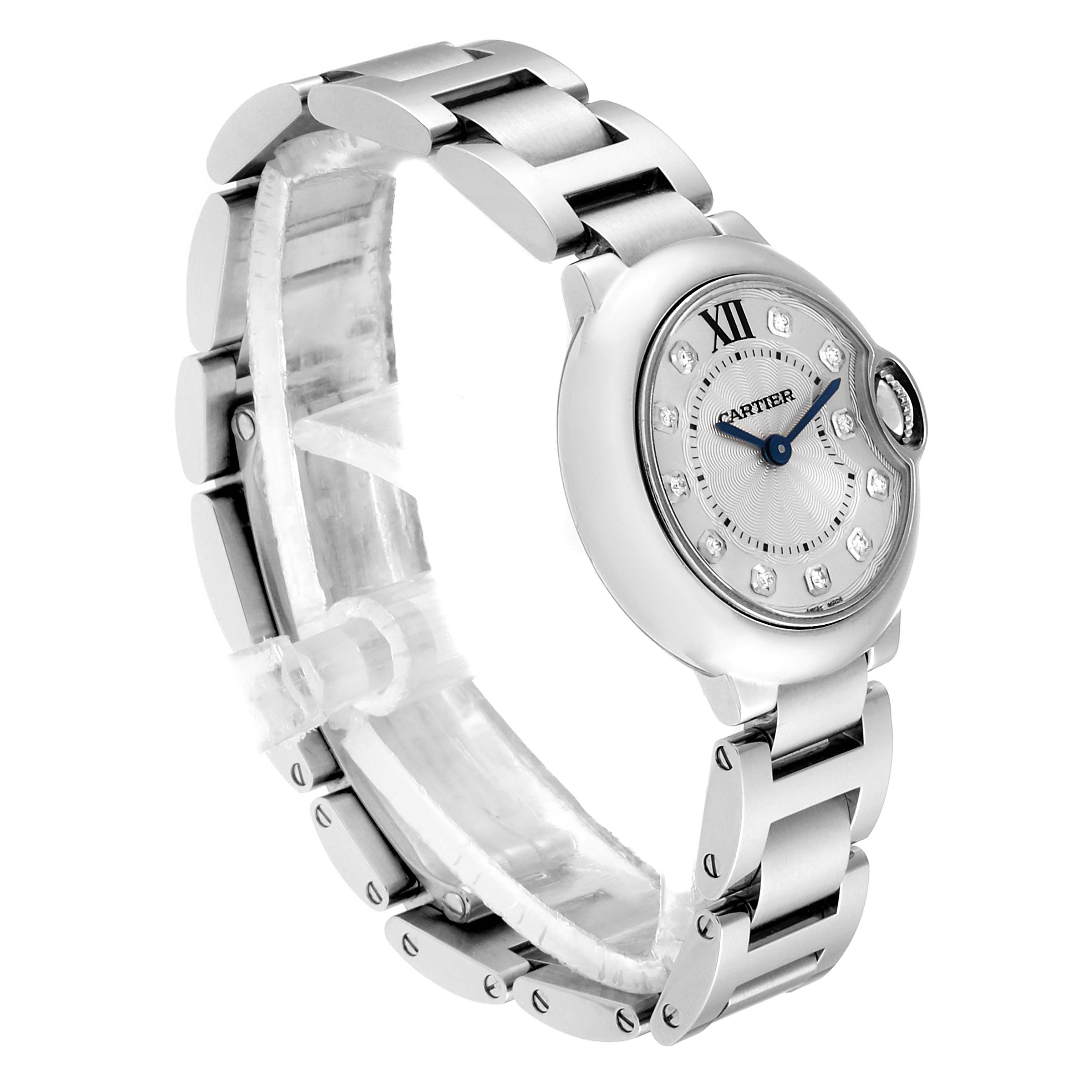 The image shows a side-angle view of a Cartier Ballon Bleu WE902073 Women
s Stainless Steel Silver Dial WE902073 Women
s Stainless Steel Silver Dial watch, highlighting the bracelet and face with Roman numerals and blue hands.