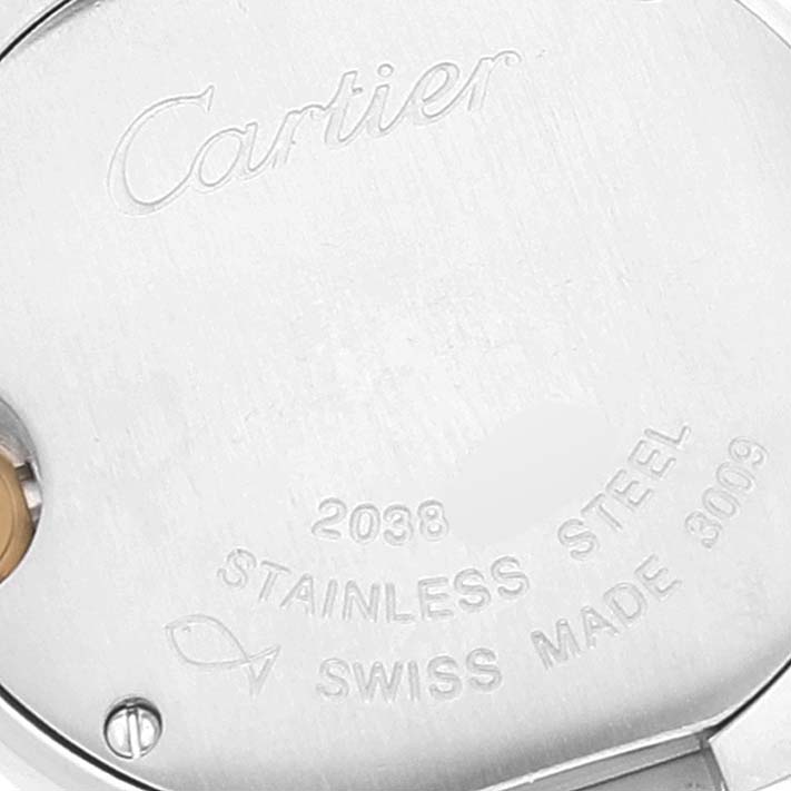The image shows the back case of a Cartier Ballon Bleu W69007Z3 Women
s Steel and Gold (two tone) Silver Dial W69007Z3 Women
s Steel and Gold (two tone) Silver Dial watch, highlighting the brand name, model number, and material details.