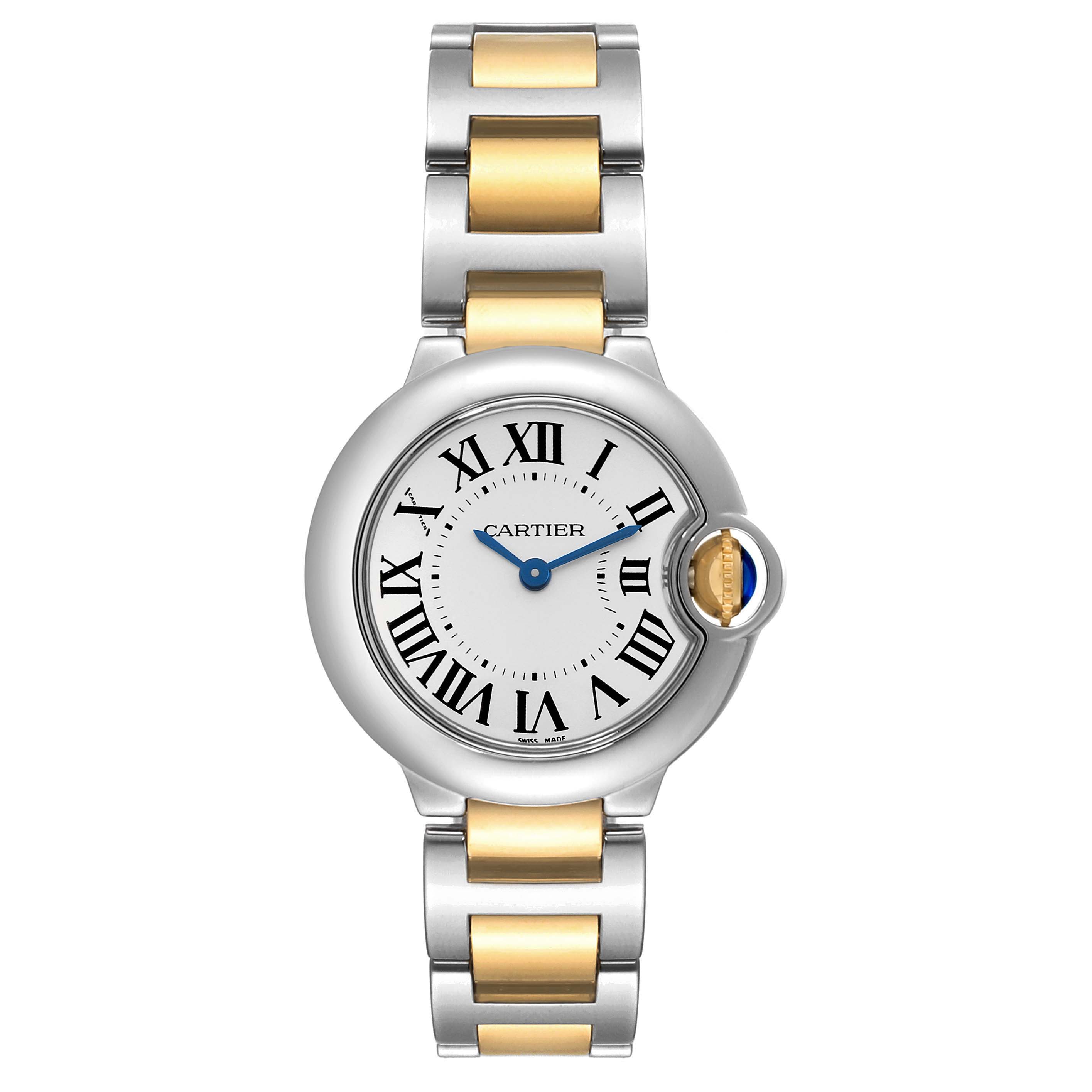 The image shows a front view of the Cartier Ballon Bleu W69007Z3 Women
s Steel and Gold (two tone) Silver Dial W69007Z3 Women
s Steel and Gold (two tone) Silver Dial watch, highlighting its dial, bezel, and two-tone bracelet.