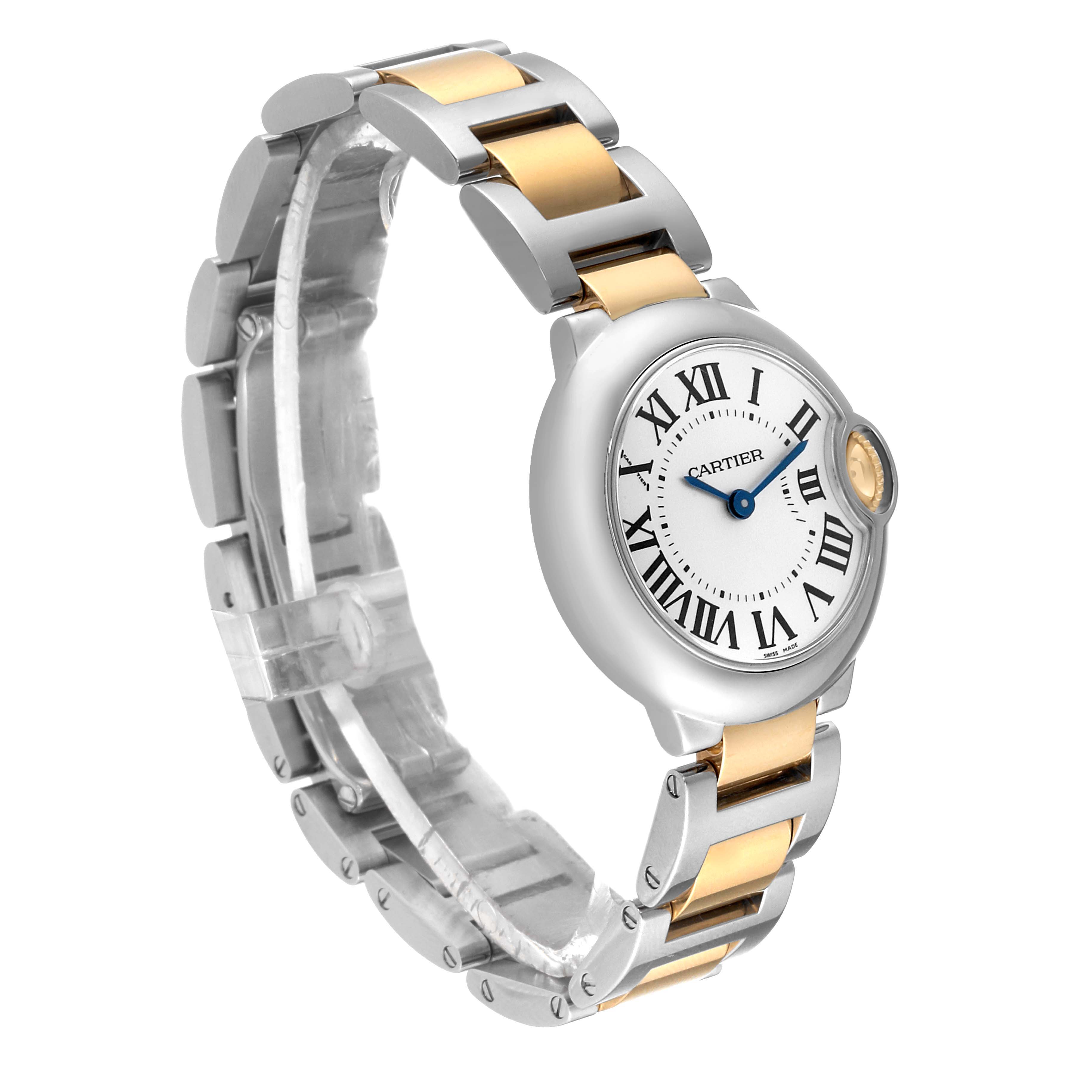 The Cartier Ballon Bleu W69007Z3 Women
s Steel and Gold (two tone) Silver Dial W69007Z3 Women
s Steel and Gold (two tone) Silver Dial watch is shown at a three-quarter angle, displaying the face, bezel, and two-tone bracelet.