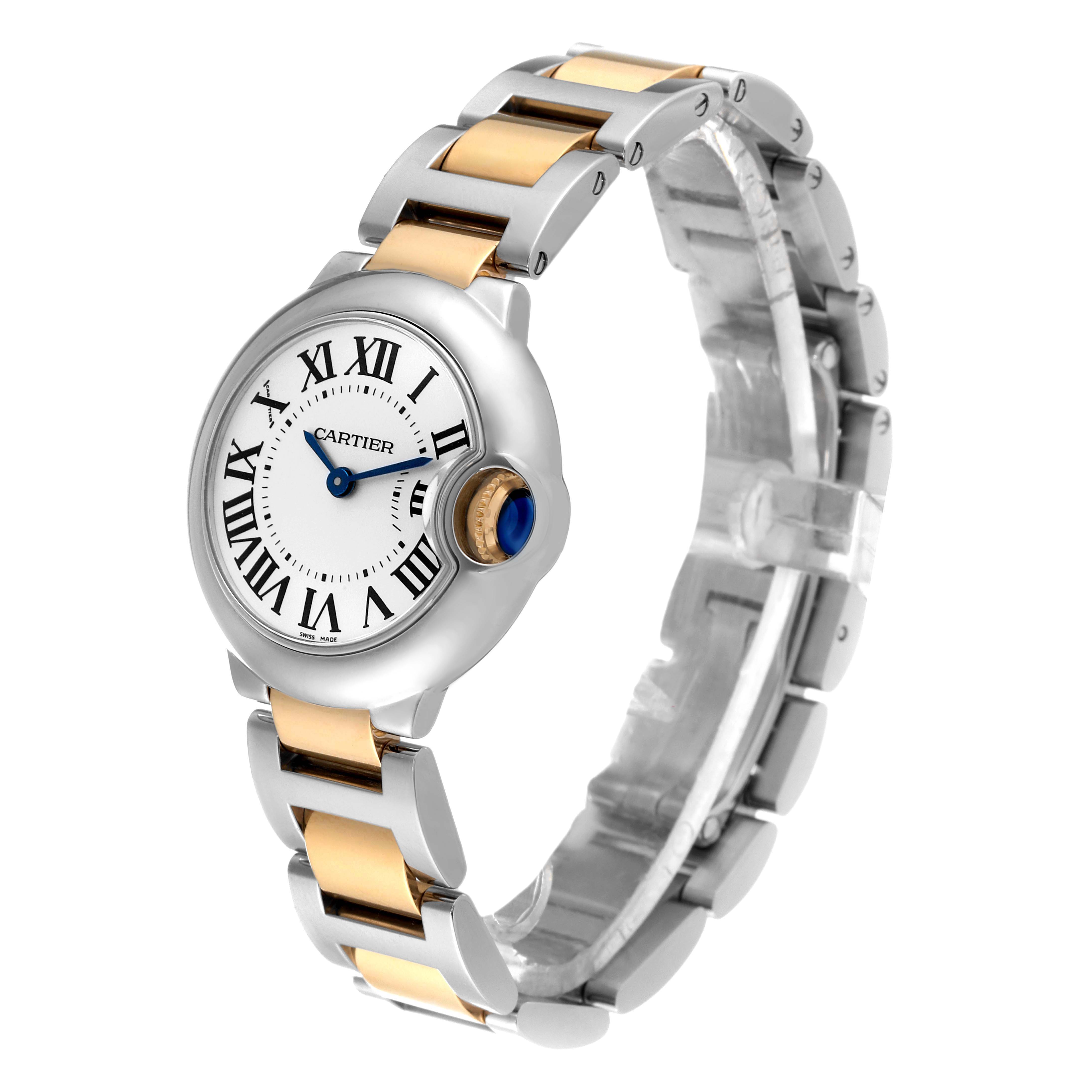 The Cartier Ballon Bleu W69007Z3 Women
s Steel and Gold (two tone) Silver Dial W69007Z3 Women
s Steel and Gold (two tone) Silver Dial watch is shown at a slight angle displaying the dial, bracelet, and crown.