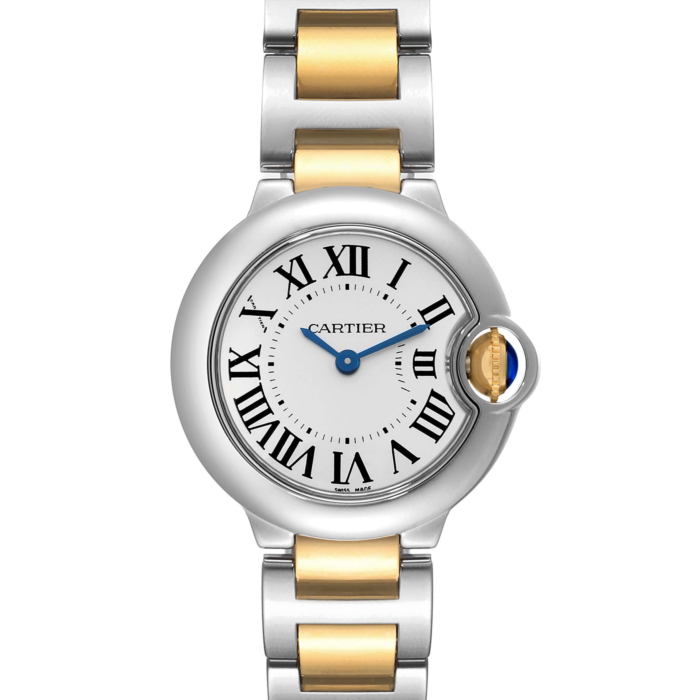 The image shows a frontal view of the Cartier Ballon Bleu W69007Z3 Women
s Steel and Gold (two tone) Silver Dial W69007Z3 Women
s Steel and Gold (two tone) Silver Dial watch, displaying its face and part of the two-tone metal bracelet.