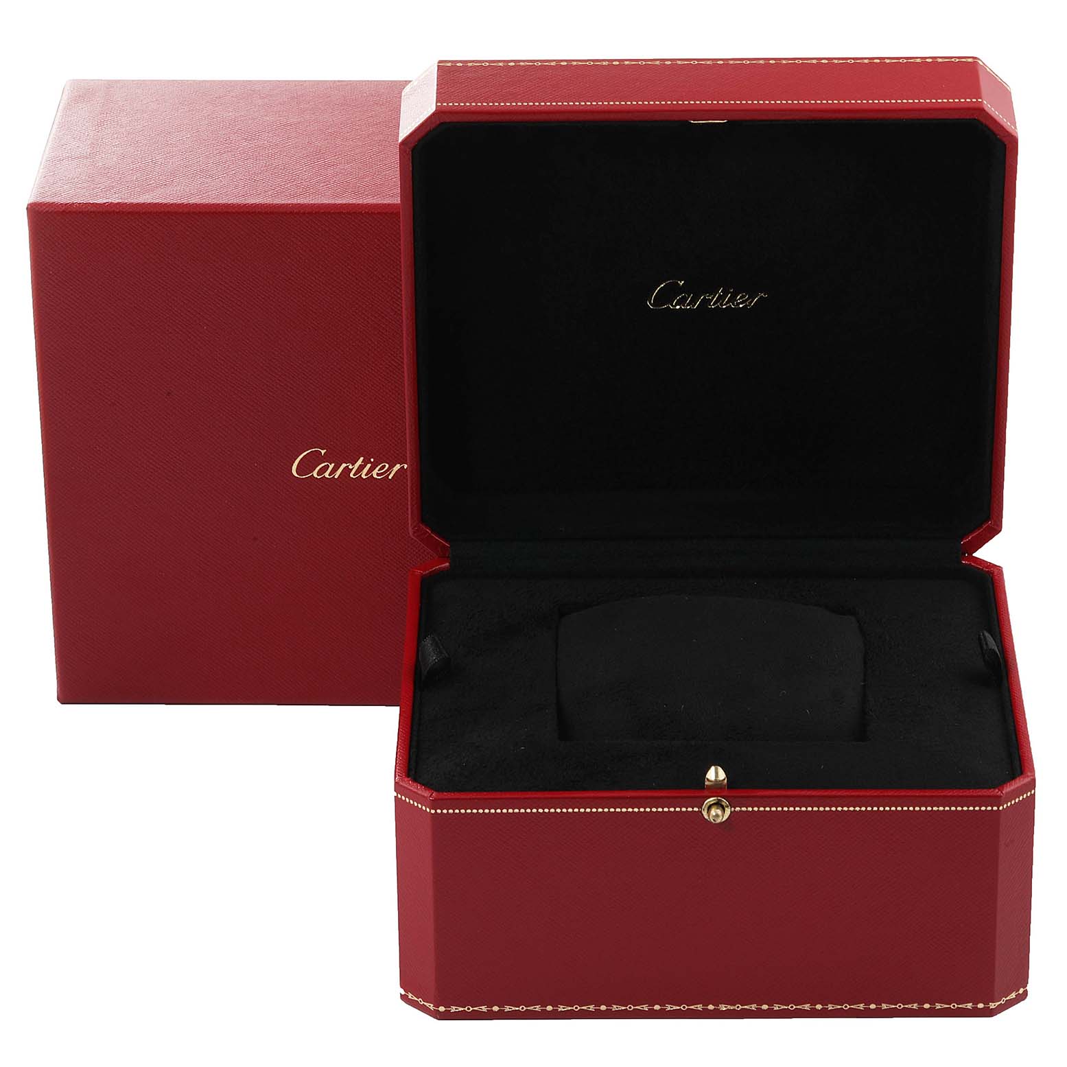 The image shows the red outer and inner box for the Ballon Bleu watch by Cartier, with the inner box opened.
