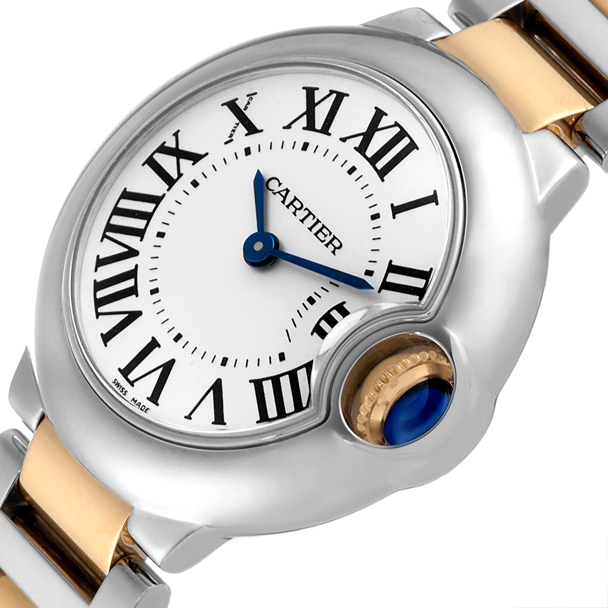 This image shows a close-up of the Cartier Ballon Bleu W69007Z3 Women
s Steel and Gold (two tone) Silver Dial W69007Z3 Women
s Steel and Gold (two tone) Silver Dial watch face, crown, and part of the bracelet.
