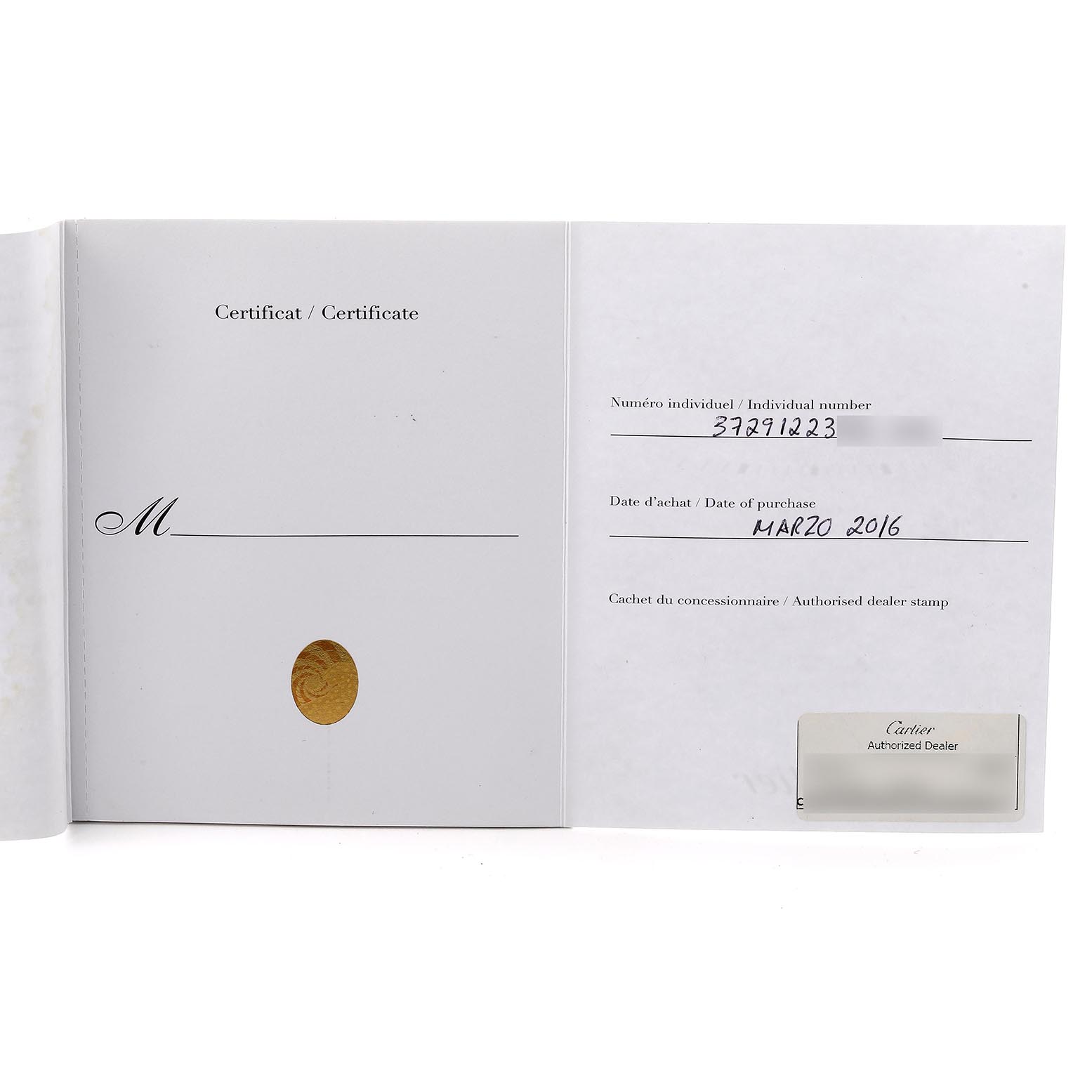 The image shows a warranty certificate booklet for a Calibre de Cartier watch by Cartier, open to pages with a purchase date and individual number.