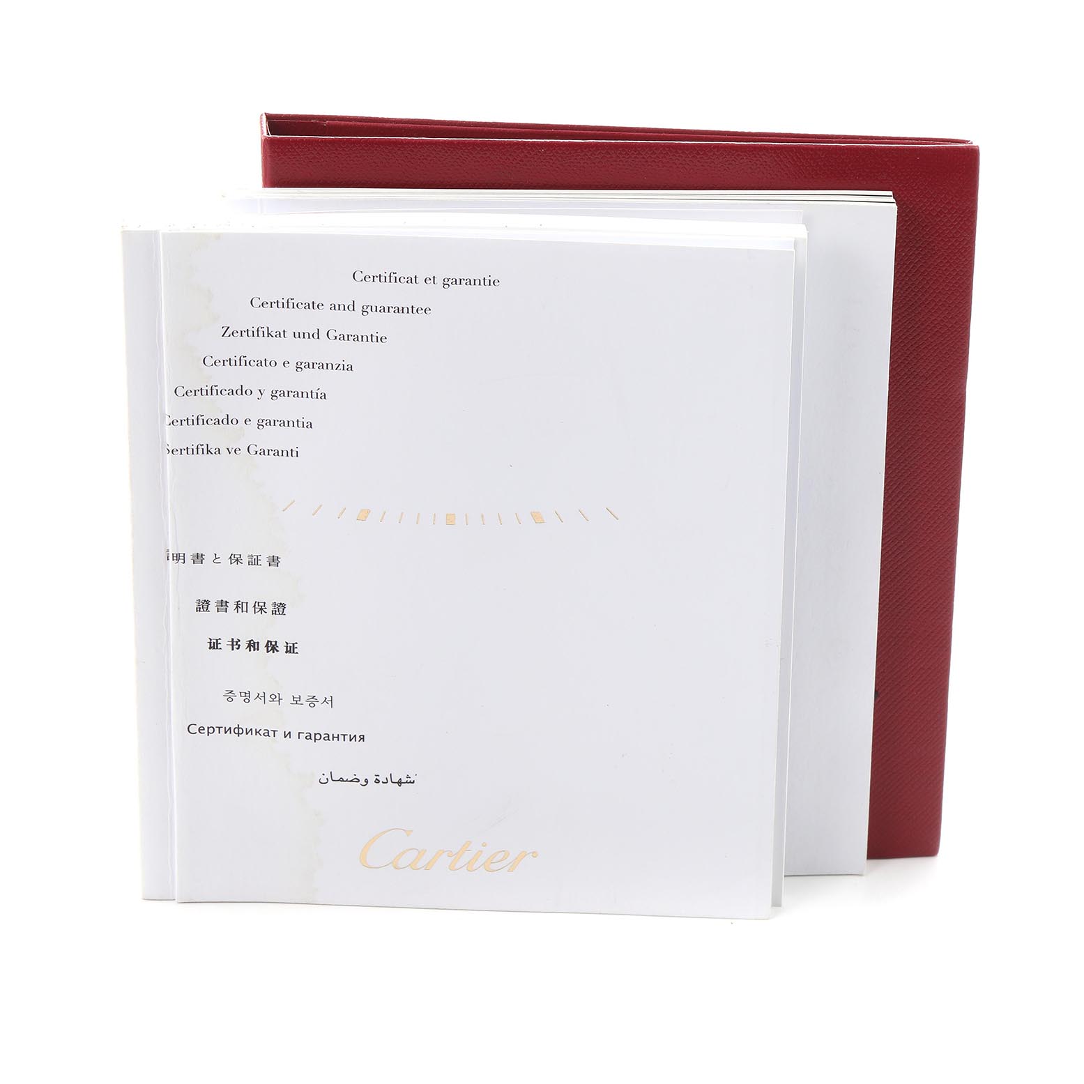 The image shows the certificate and guarantee booklet for the Calibre de Cartier watch by Cartier.