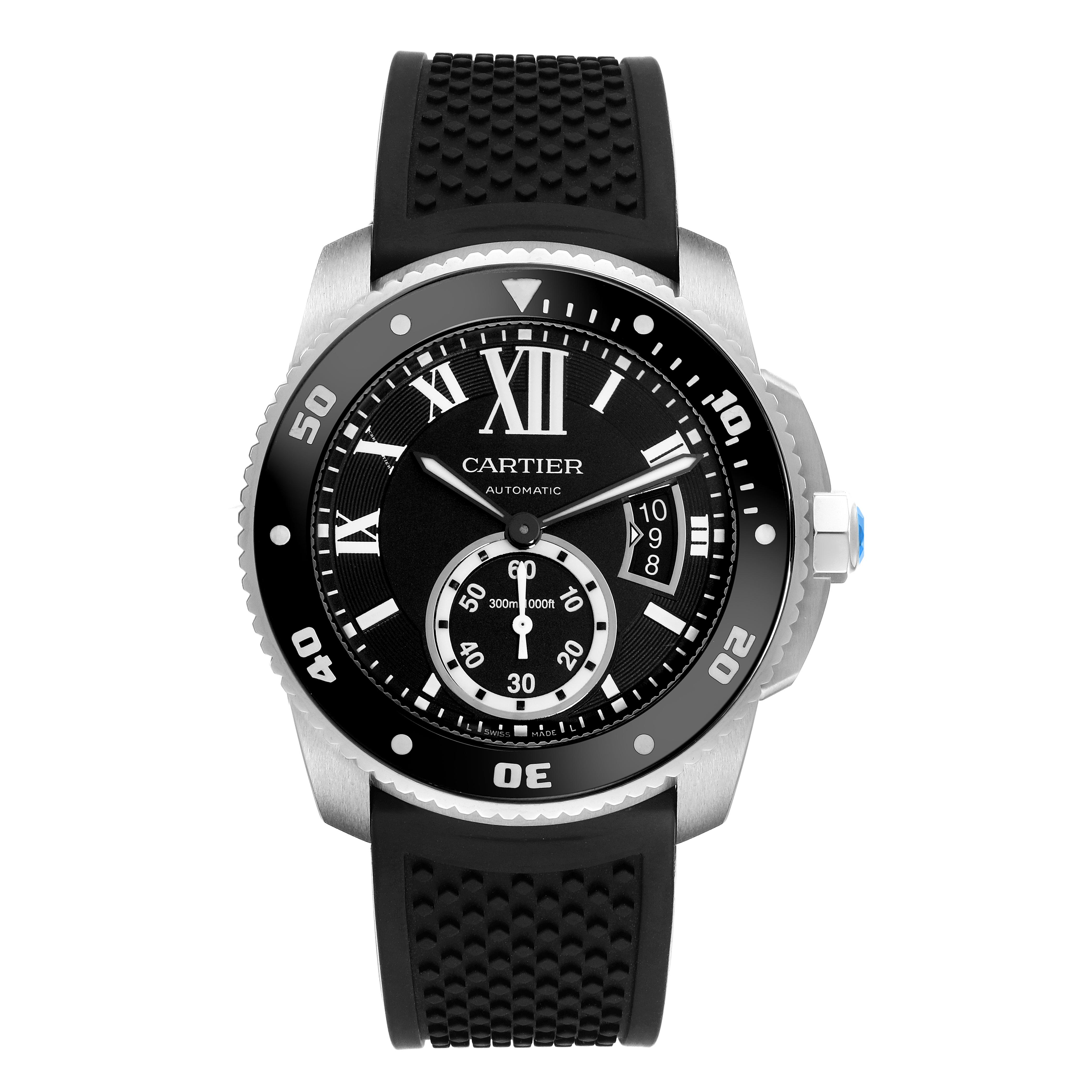 The Calibre de Cartier watch is shown from a front angle, highlighting the face, bezel, and rubber strap.