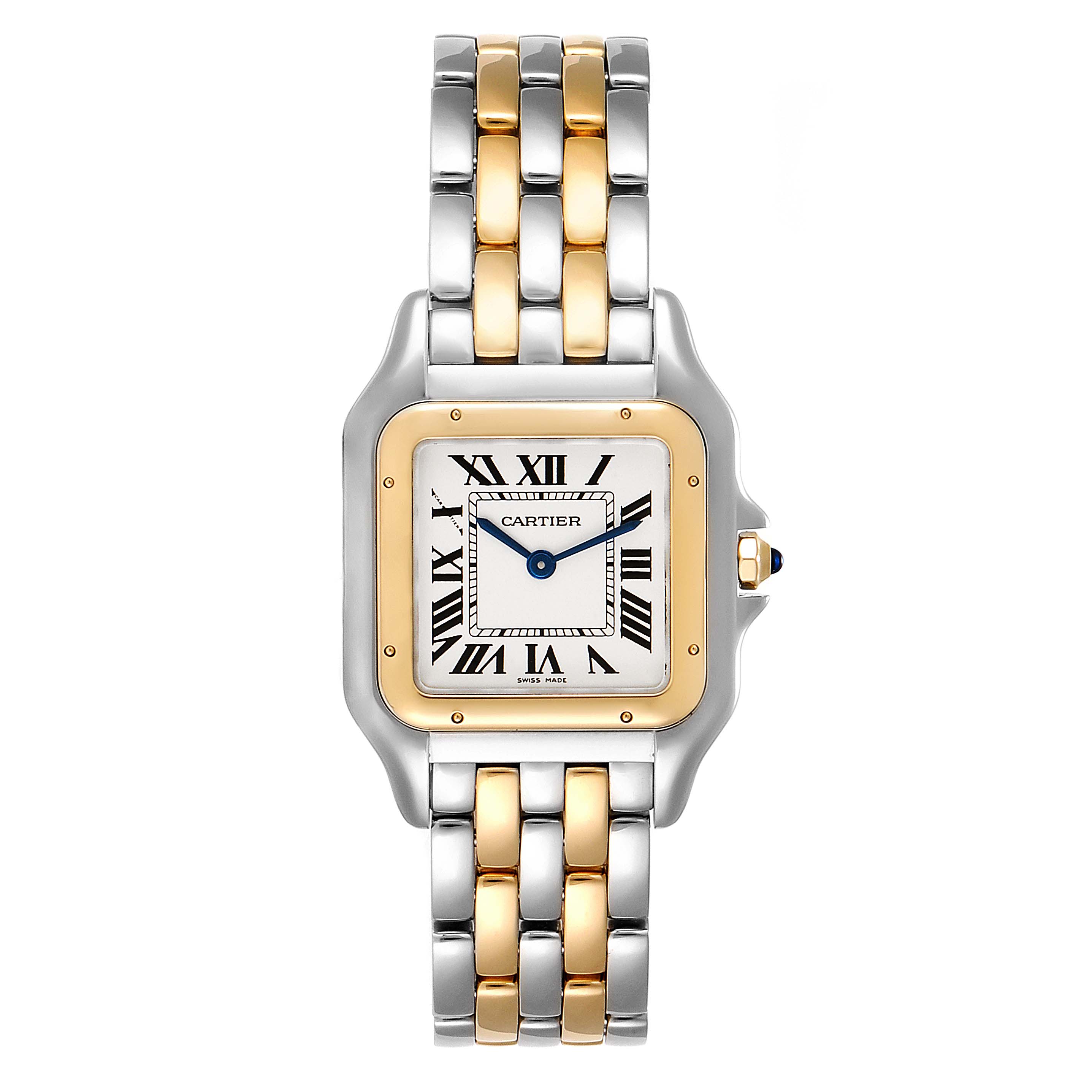 The image shows a front view of a Cartier Panthere W2PN0007 Women
s Steel and Gold (two tone) Silver Dial W2PN0007 Women
s Steel and Gold (two tone) Silver Dial watch, highlighting the face and part of the two-tone bracelet.