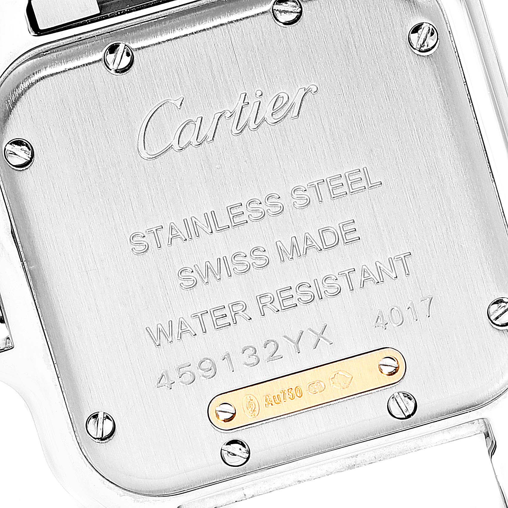 This image shows the back of a Cartier Panthere W2PN0007 Women
s Steel and Gold (two tone) Silver Dial W2PN0007 Women
s Steel and Gold (two tone) Silver Dial model watch, highlighting its stainless steel case and engraved details.