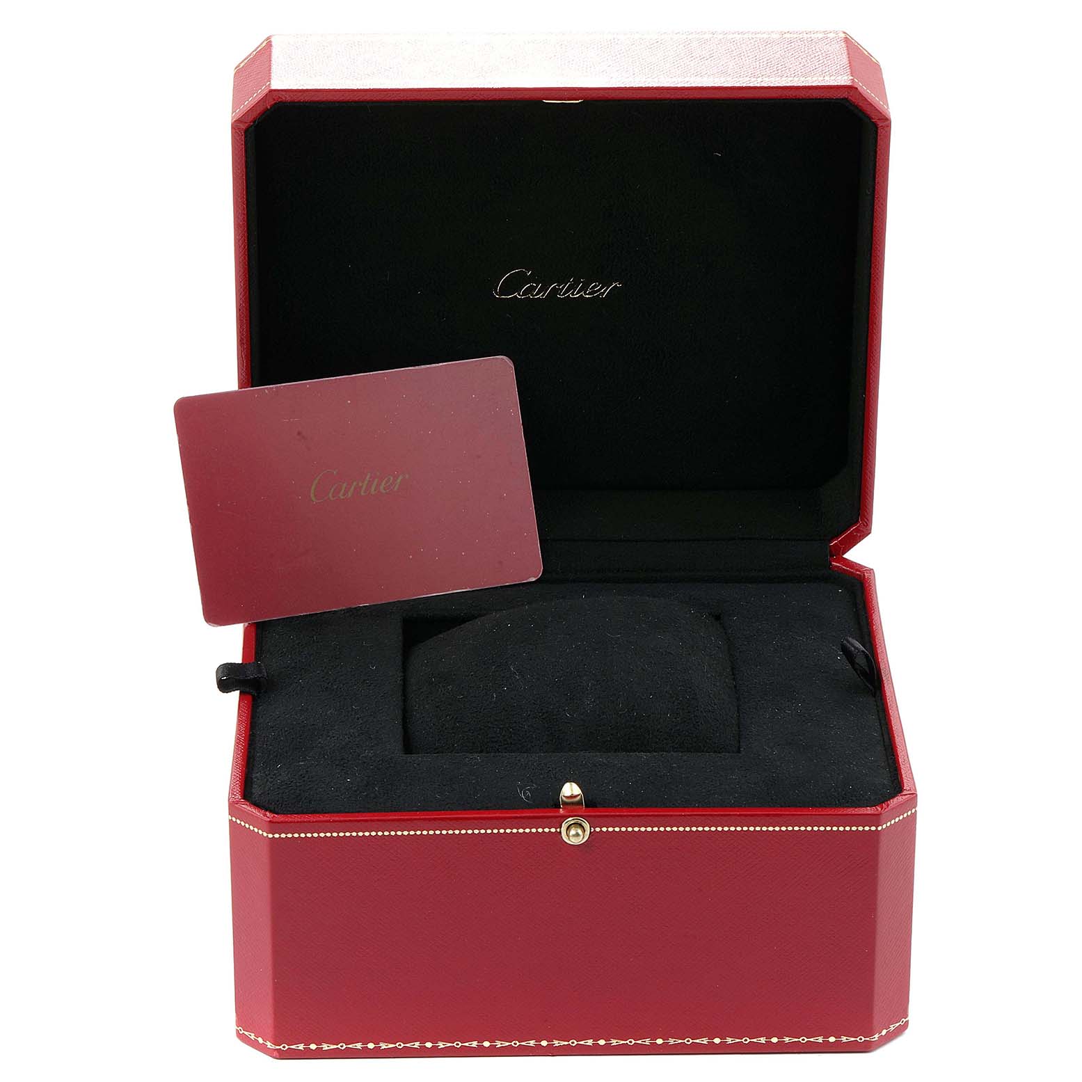 This image shows an angled view of the red jewelry box for the Cartier Panthere W2PN0007 Women
s Steel and Gold (two tone) Silver Dial W2PN0007 Women
s Steel and Gold (two tone) Silver Dial model watch, including an additional red card.
