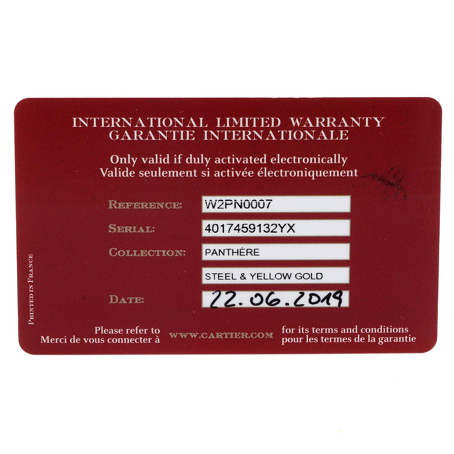 The image shows a red International Limited Warranty card for the Cartier Panthère model watch.