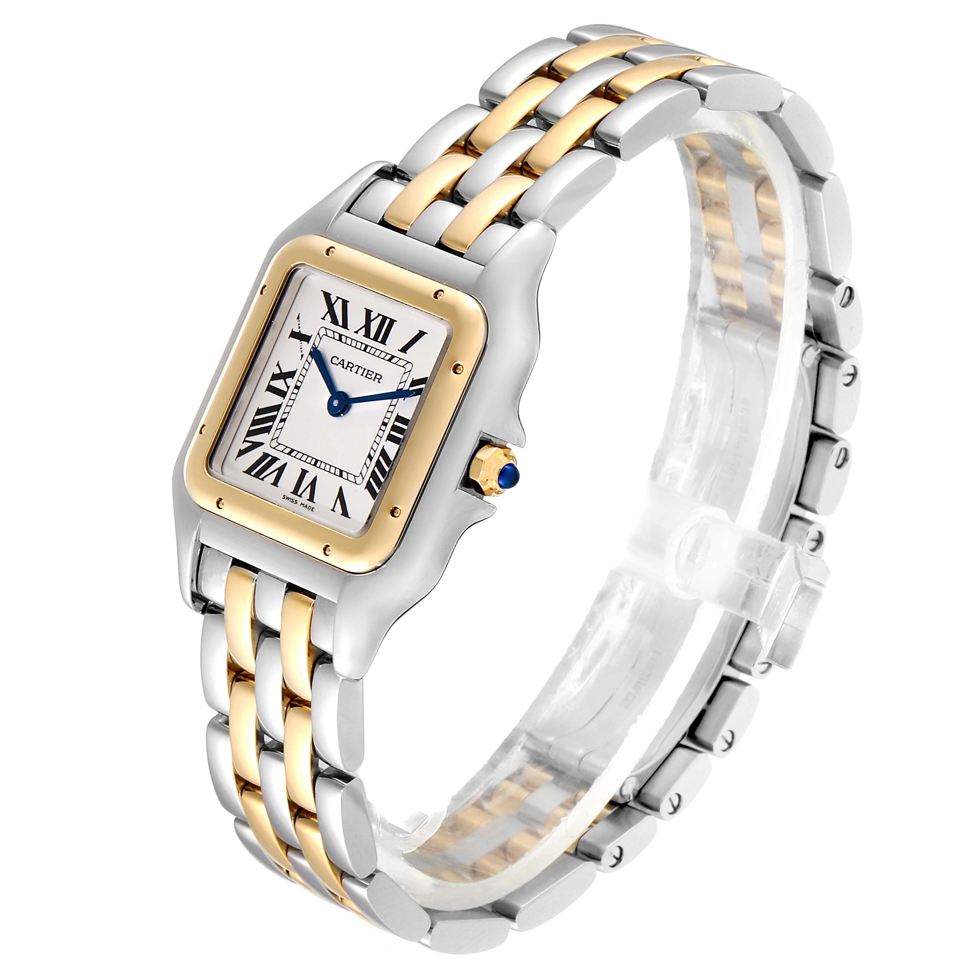 The image shows a Cartier Panthere W2PN0007 Women
s Steel and Gold (two tone) Silver Dial W2PN0007 Women
s Steel and Gold (two tone) Silver Dial model watch at a slight side angle, highlighting its two-tone bracelet and square dial.