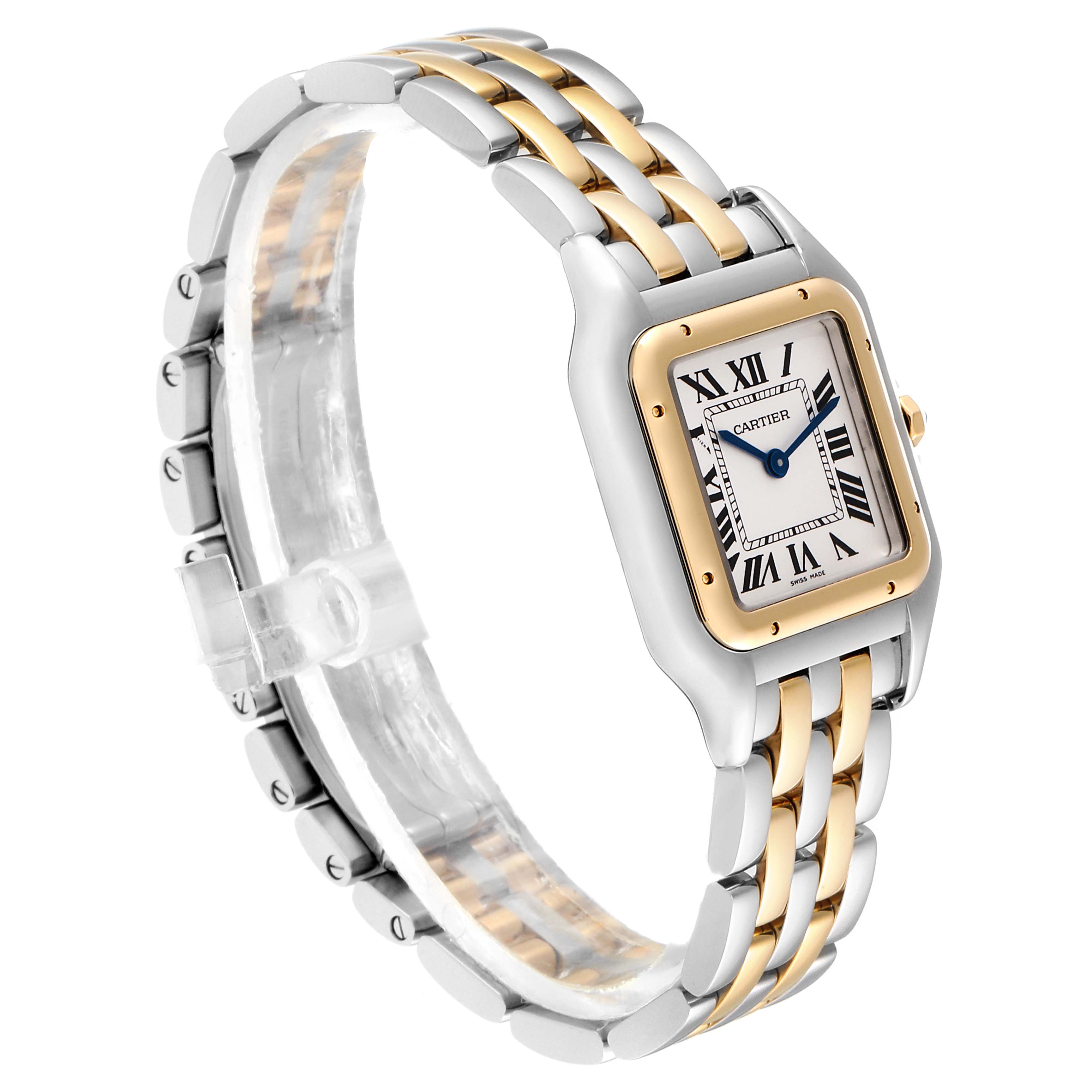 The image shows a side angle of the Cartier Panthere W2PN0007 Women
s Steel and Gold (two tone) Silver Dial W2PN0007 Women
s Steel and Gold (two tone) Silver Dial model watch, highlighting its two-tone bracelet and square face with Roman numerals.