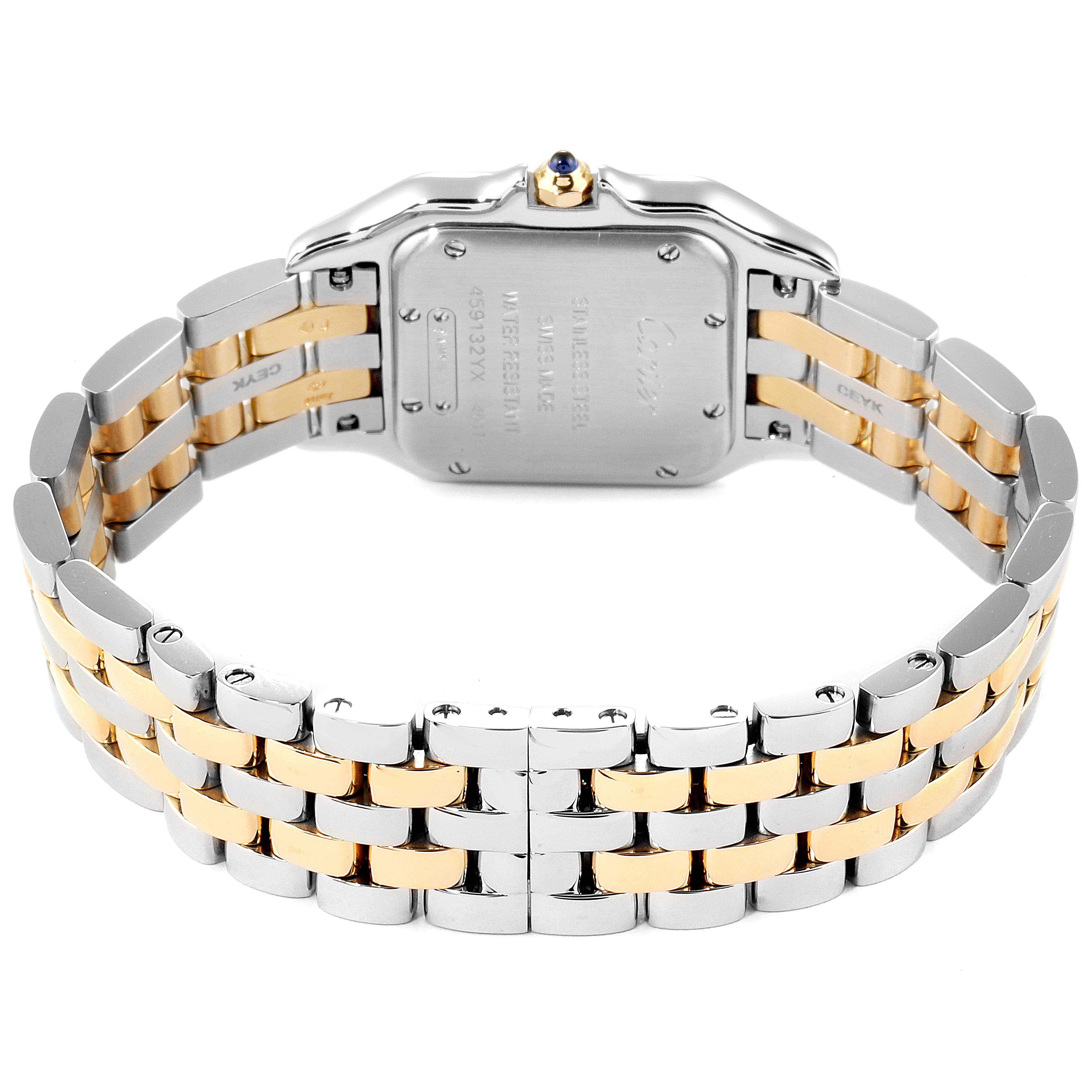 This image shows the back case and two-tone bracelet of the Cartier Panthere W2PN0007 Women
s Steel and Gold (two tone) Silver Dial W2PN0007 Women
s Steel and Gold (two tone) Silver Dial watch from a rear angle.