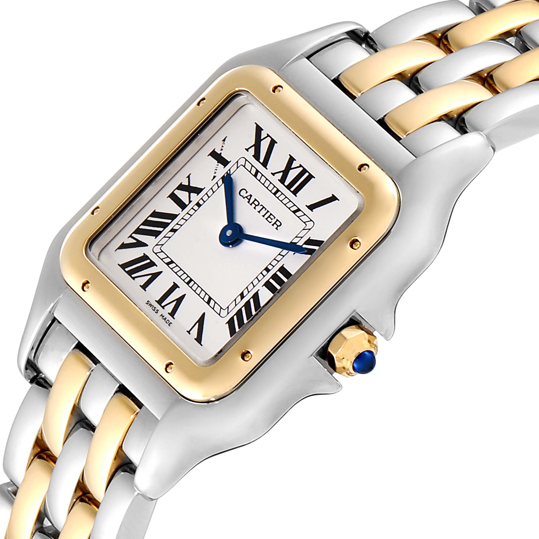 The Cartier Panthere W2PN0007 Women
s Steel and Gold (two tone) Silver Dial W2PN0007 Women
s Steel and Gold (two tone) Silver Dial watch is shown at an angled close-up, displaying its face, crown, and part of the two-tone bracelet.