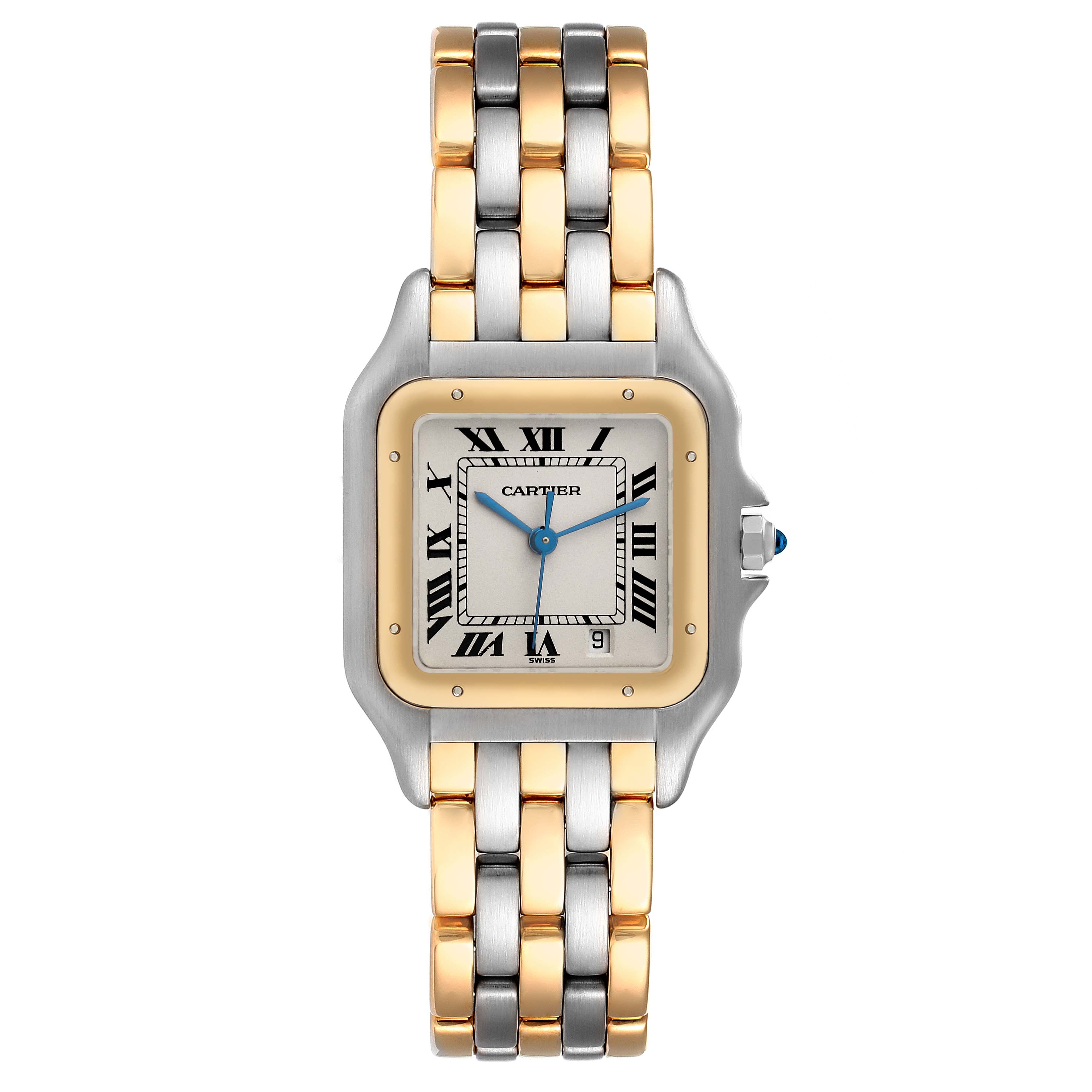 This image shows a front view of a Cartier Panthere W25028B8 Women's Steel and Gold (two tone) Silver Dial W25028B8 Women's Steel and Gold (two tone) Silver Dial watch, featuring a two-tone metal bracelet and Roman numeral dial.