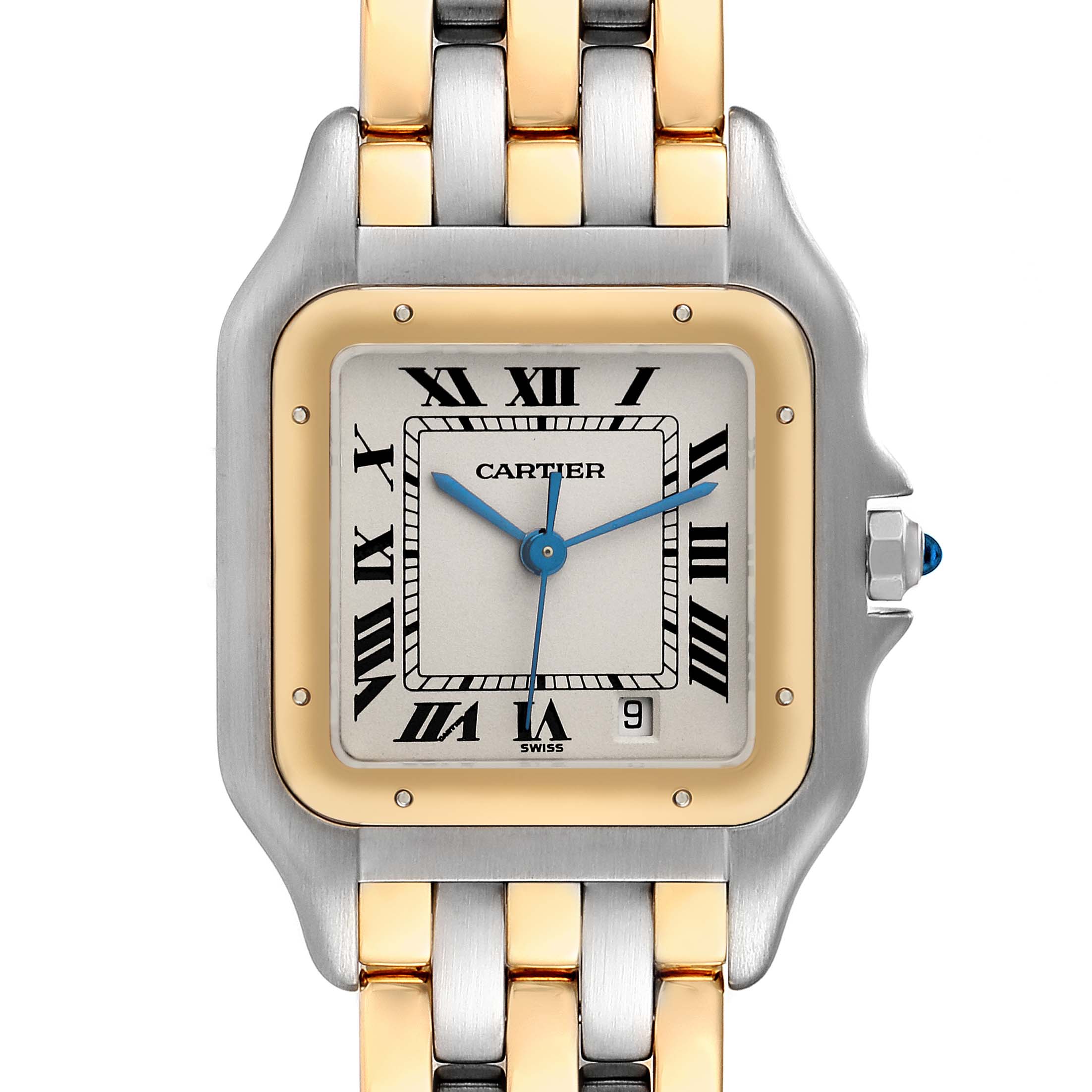 The image shows the face, bezel, and part of the bracelet of the Cartier Panthere W25028B8 Women's Steel and Gold (two tone) Silver Dial W25028B8 Women's Steel and Gold (two tone) Silver Dial watch, highlighting its design details.